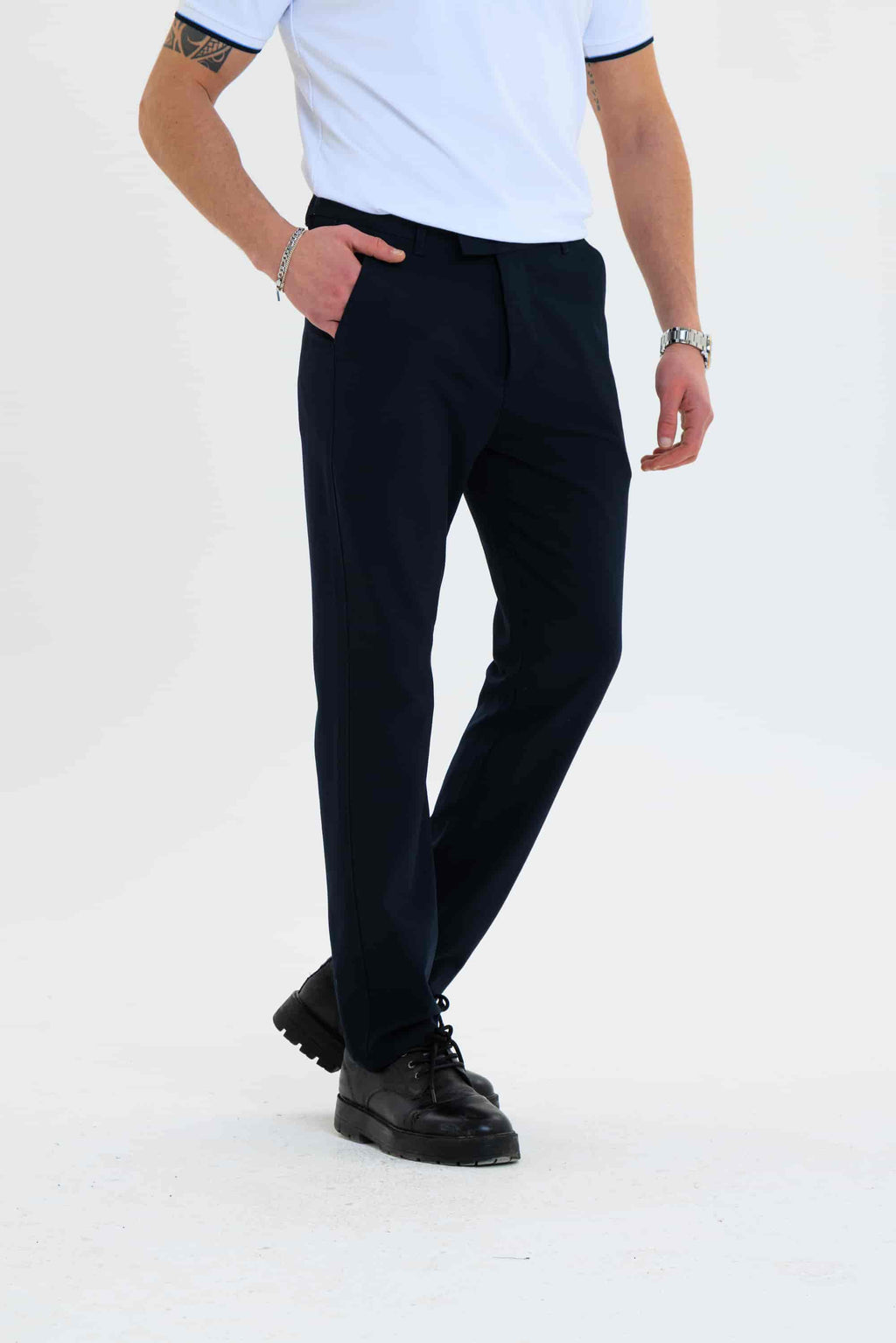 Erkek Düz Kesim Kumaş Pantolon Esnek Likralı Bilek Boy Lacivert -Skinny & Normal Bel