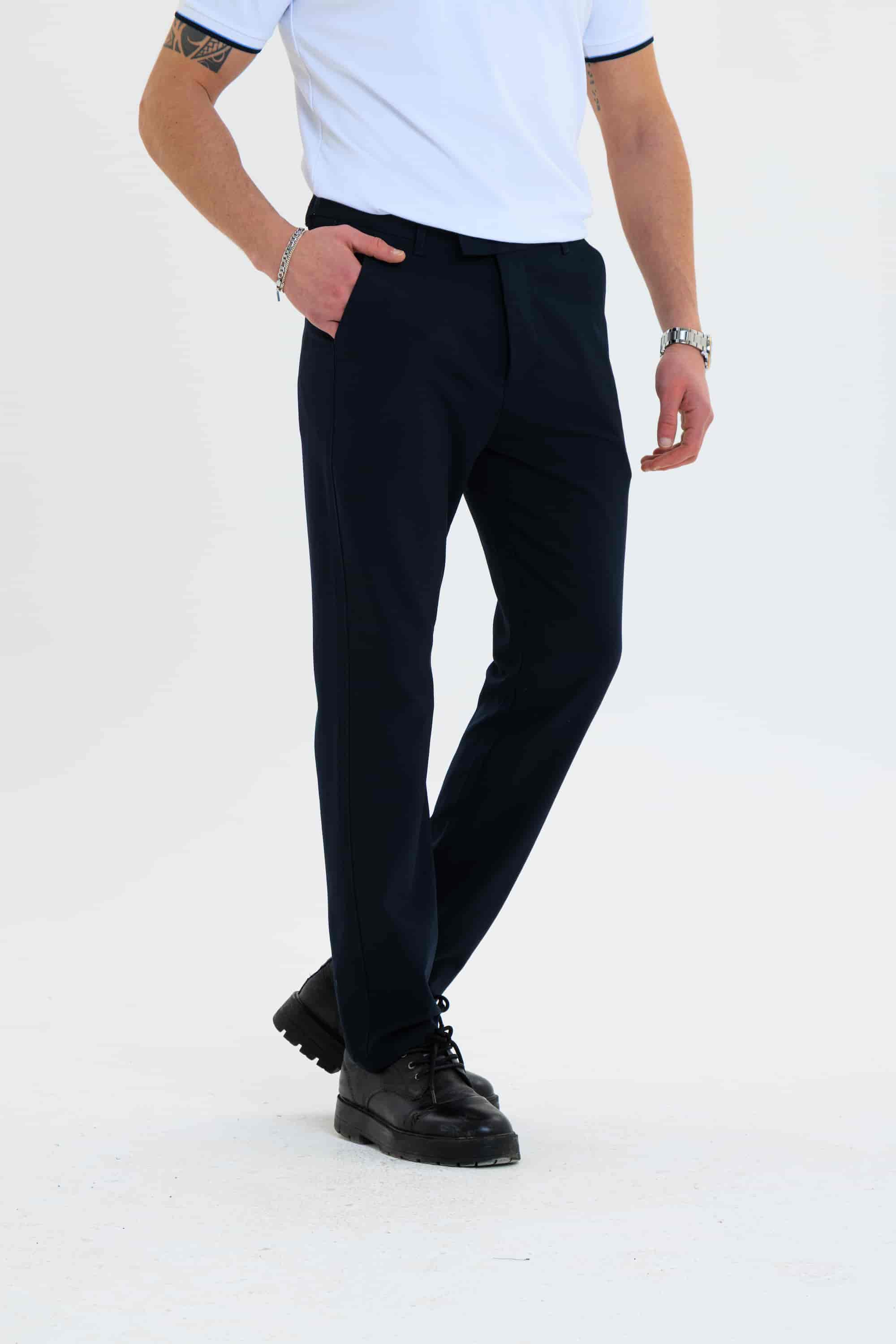 Erkek Düz Kesim Kumaş Pantolon Esnek Likralı Bilek Boy Lacivert -Skinny & Normal Bel