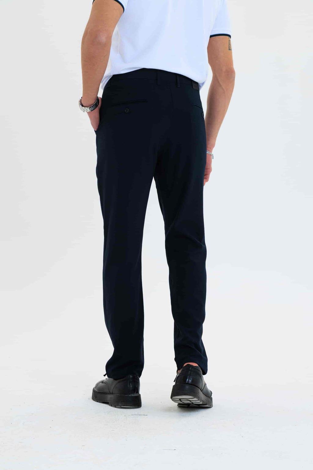 Erkek Düz Kesim Kumaş Pantolon Esnek Likralı Bilek Boy Lacivert -Skinny & Normal Bel