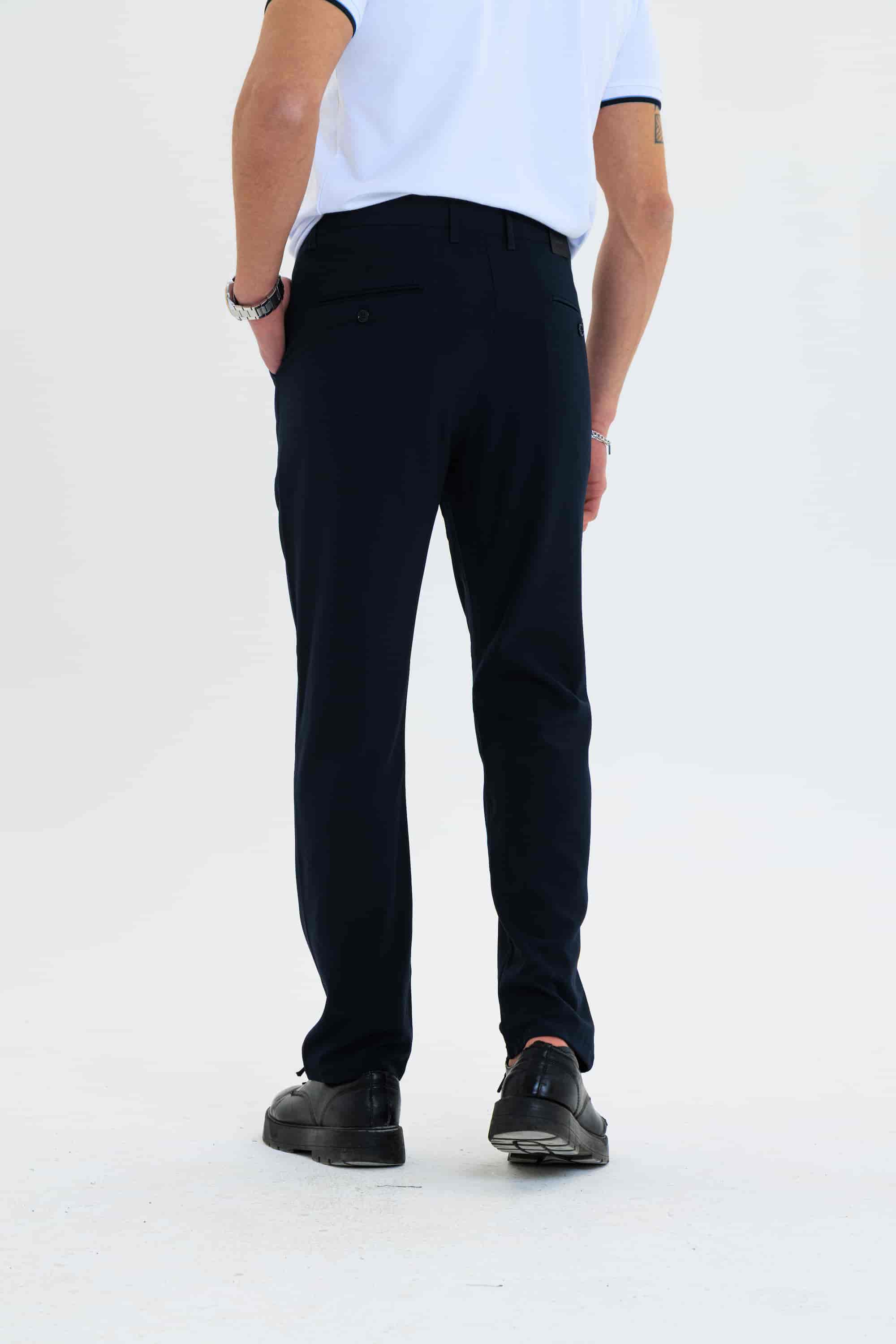 Erkek Düz Kesim Kumaş Pantolon Esnek Likralı Bilek Boy Lacivert -Skinny & Normal Bel