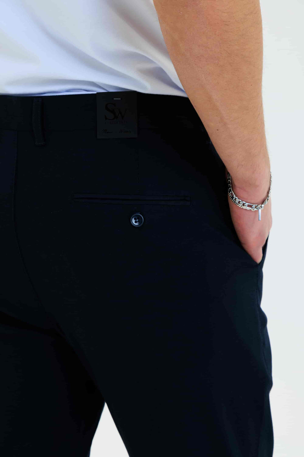 Erkek Düz Kesim Kumaş Pantolon Esnek Likralı Bilek Boy Lacivert -Skinny & Normal Bel