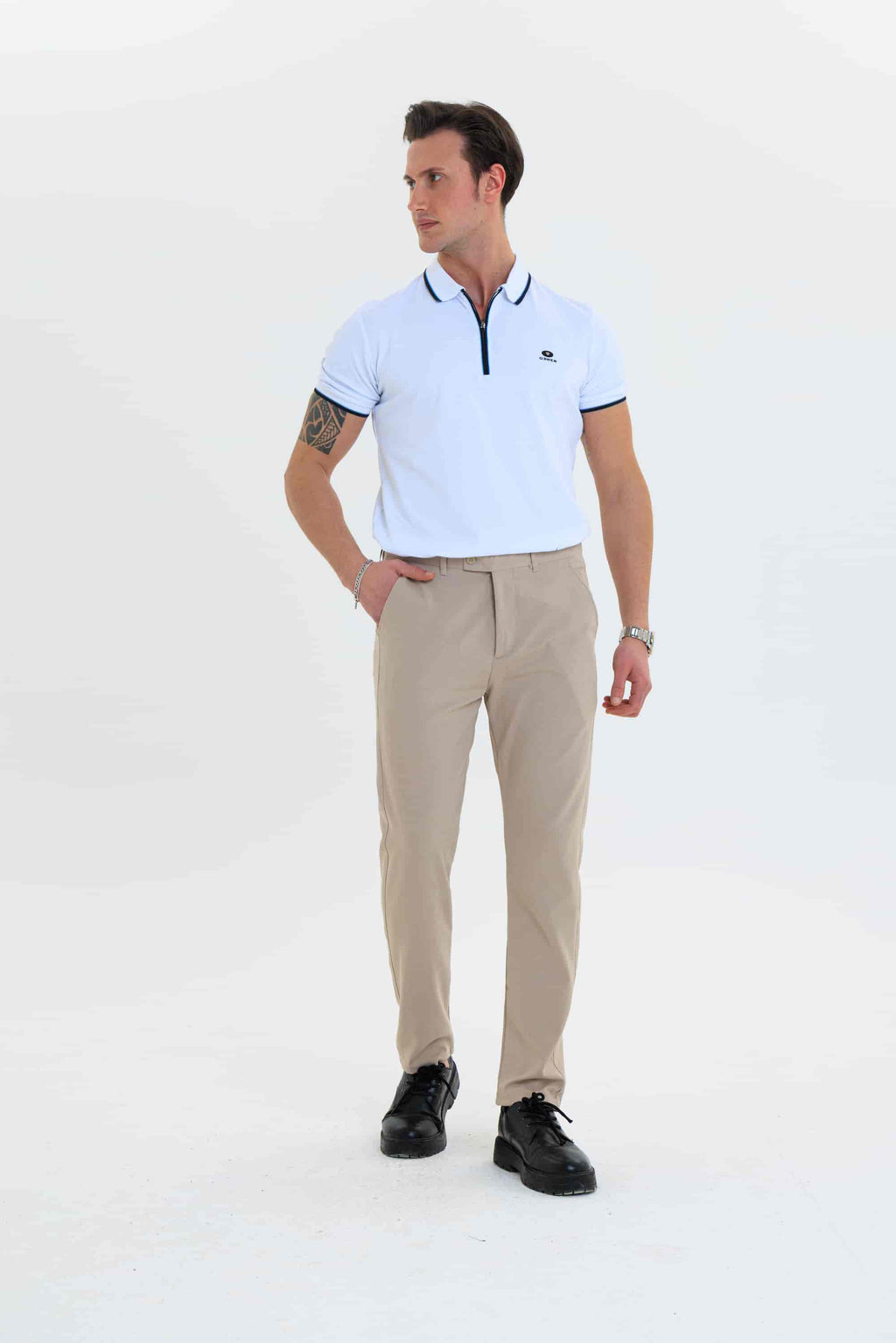 Erkek Düz Kesim Kumaş Pantolon Esnek Likralı Bilek Boy Bej-Skinny & Normal Bel