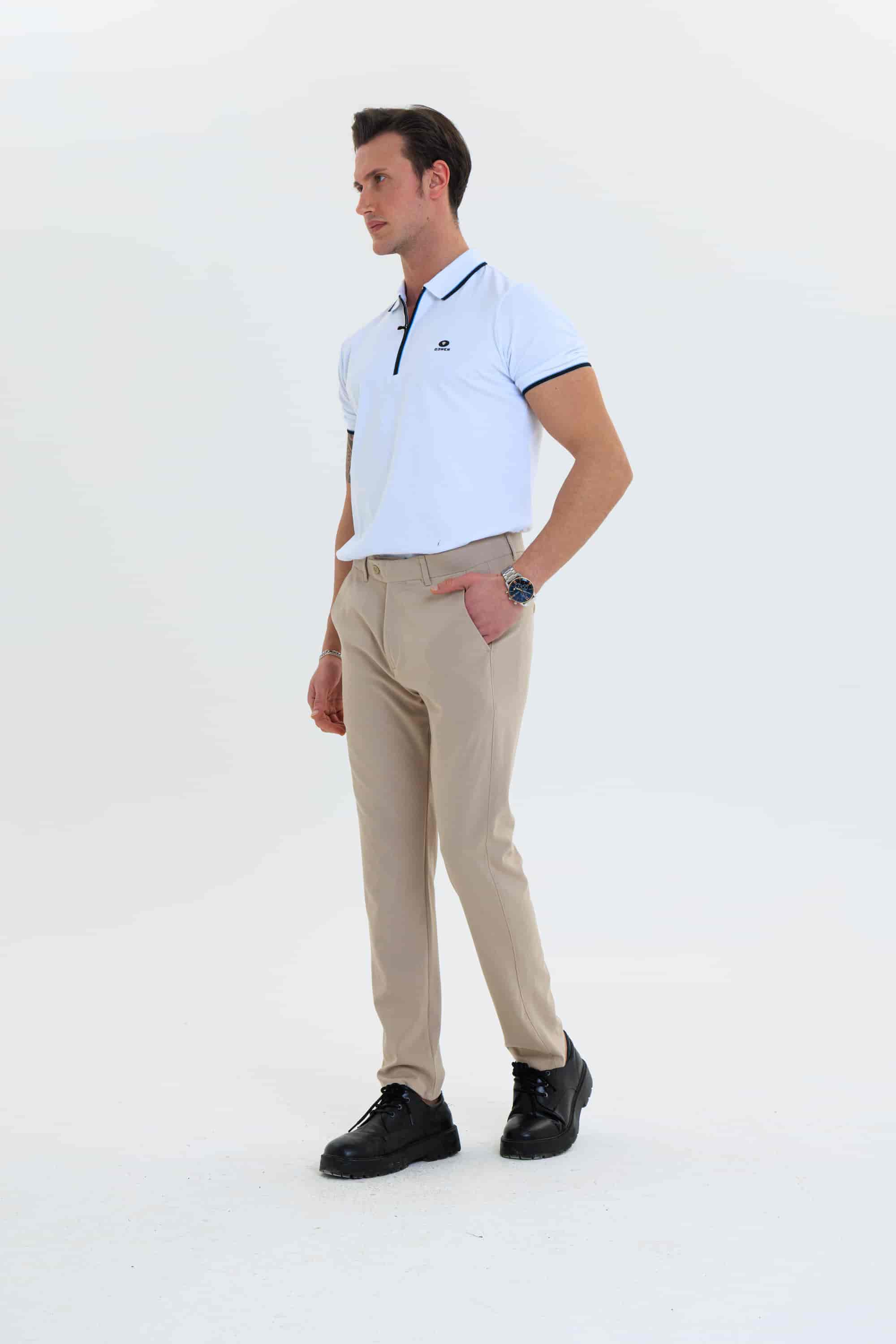 Erkek Düz Kesim Kumaş Pantolon Esnek Likralı Bilek Boy Bej-Skinny & Normal Bel