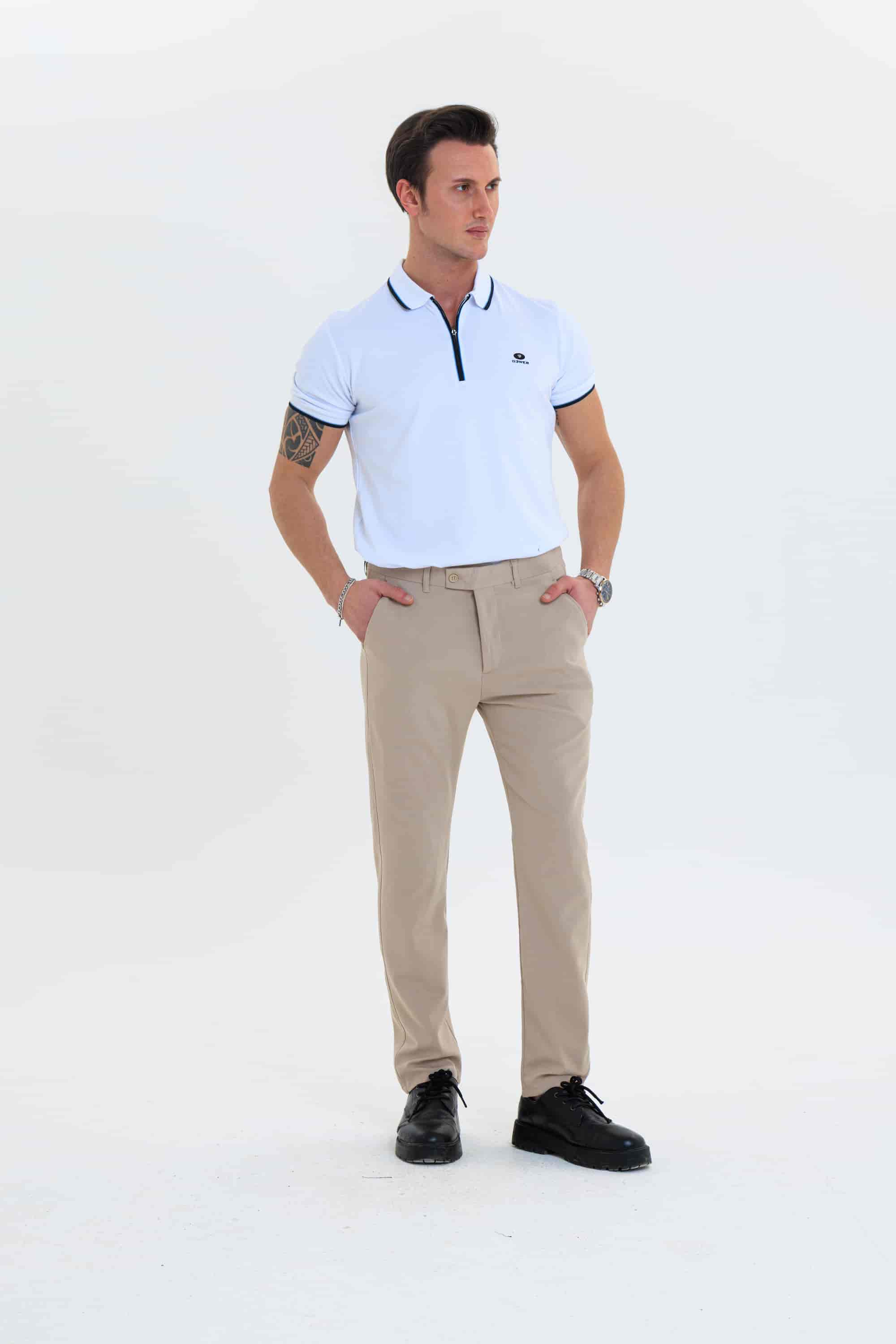Erkek Düz Kesim Kumaş Pantolon Esnek Likralı Bilek Boy Bej-Skinny & Normal Bel