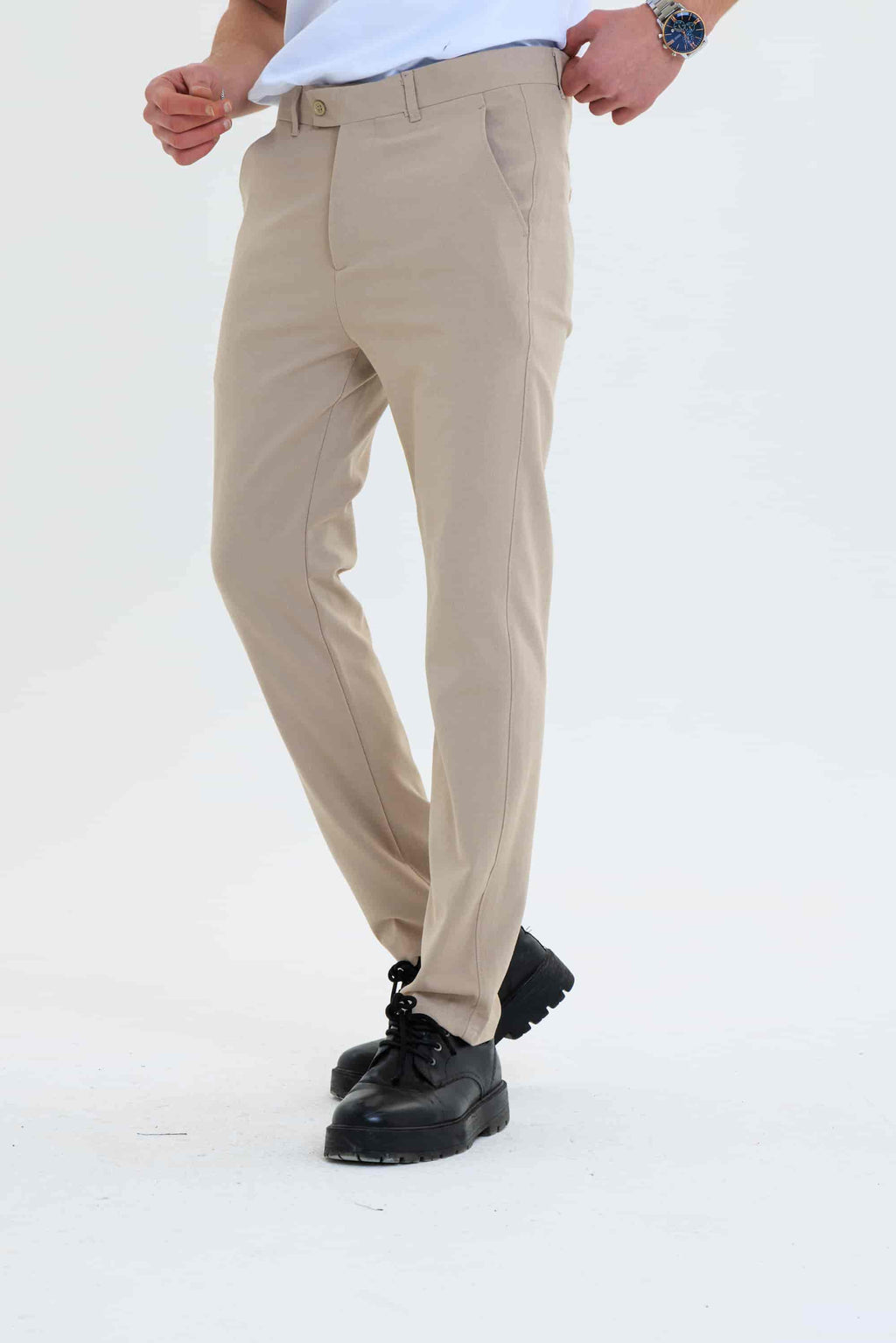 Erkek Düz Kesim Kumaş Pantolon Esnek Likralı Bilek Boy Bej-Skinny & Normal Bel