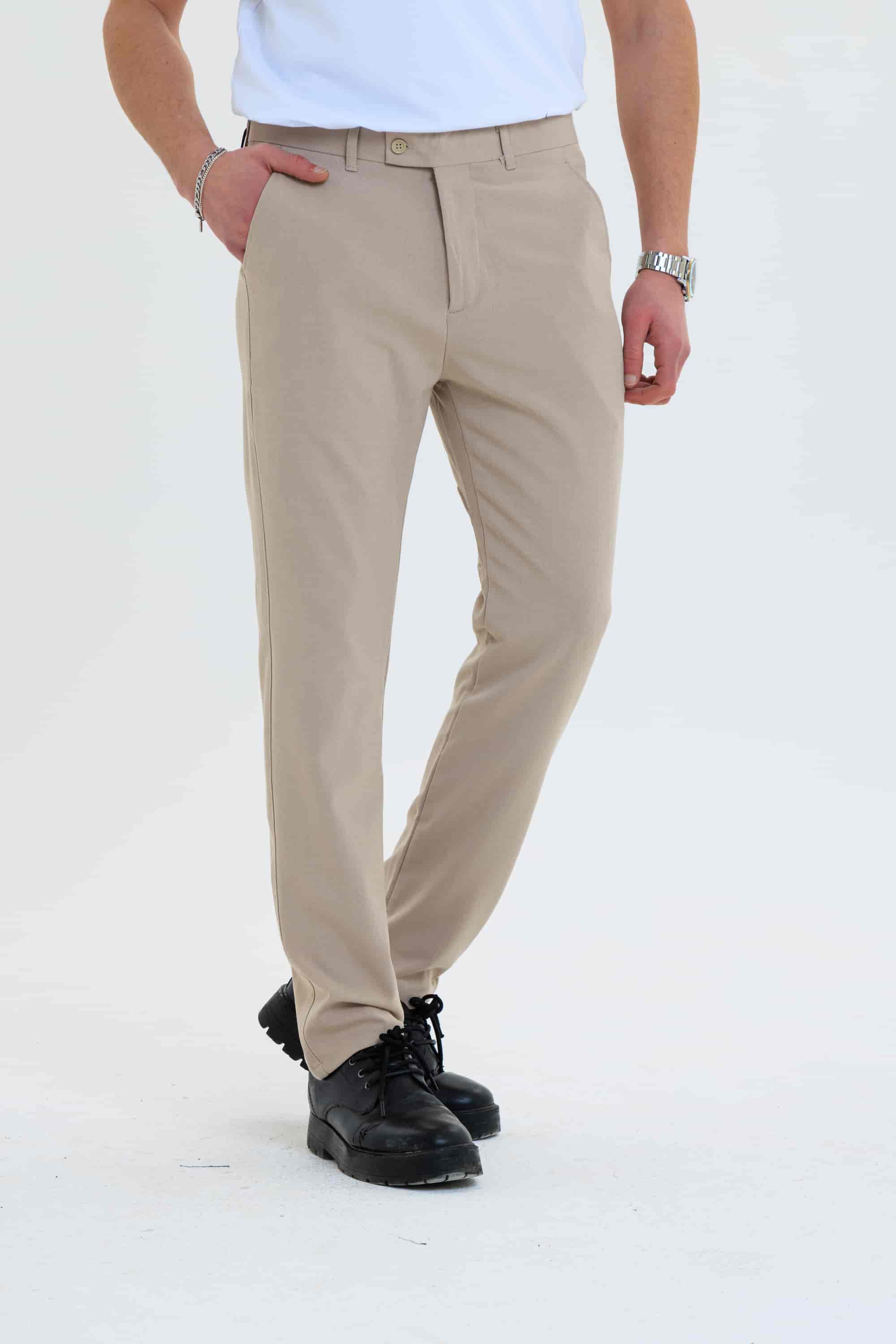 Erkek Düz Kesim Kumaş Pantolon Esnek Likralı Bilek Boy Bej-Skinny & Normal Bel