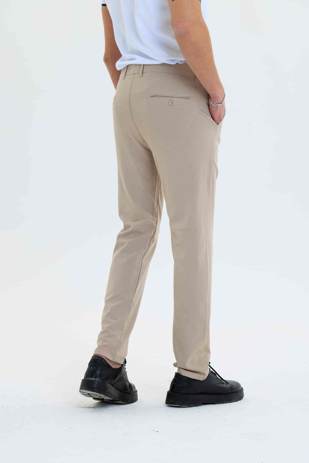 Erkek Düz Kesim Kumaş Pantolon Esnek Likralı Bilek Boy Bej-Skinny & Normal Bel