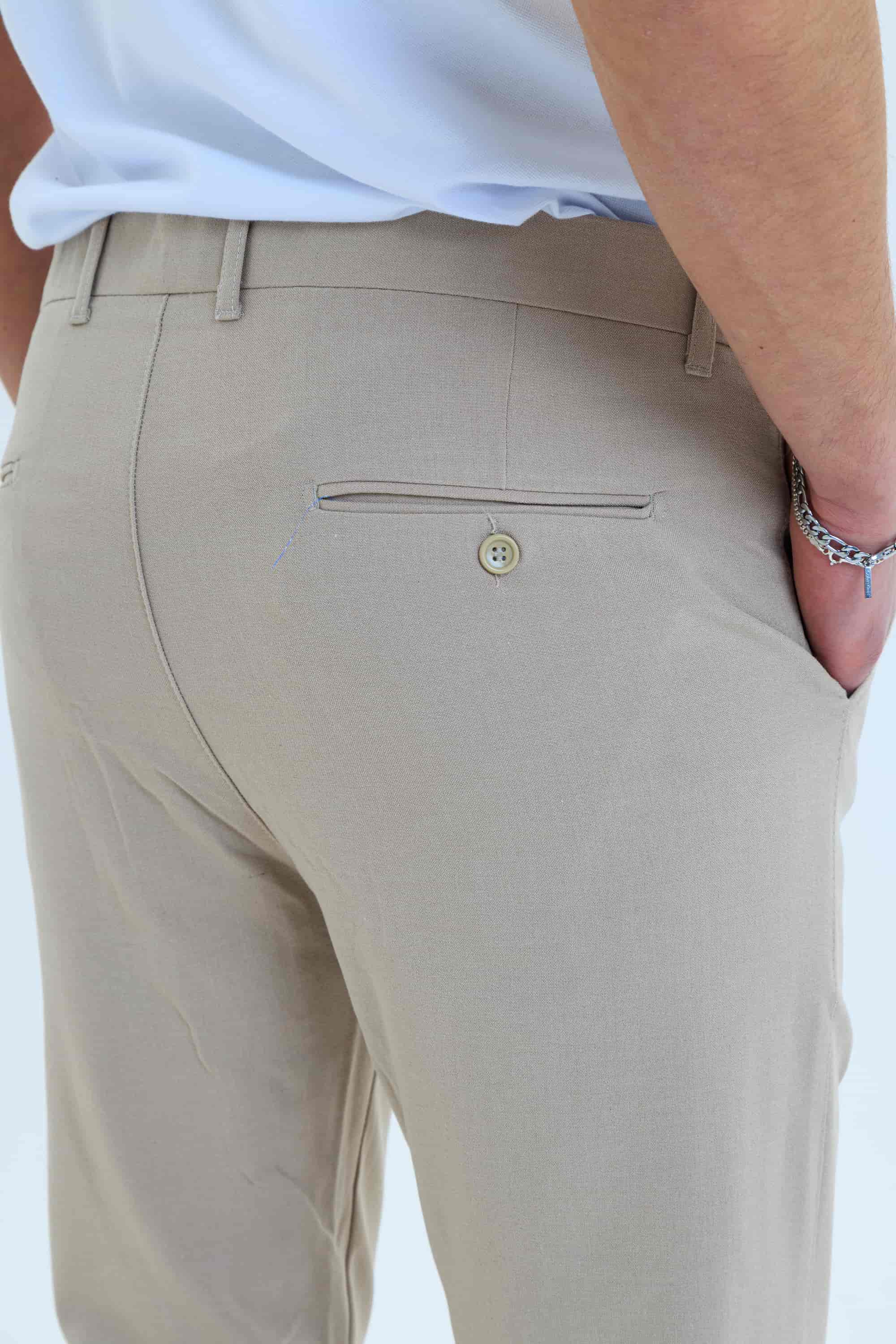 Erkek Düz Kesim Kumaş Pantolon Esnek Likralı Bilek Boy Bej-Skinny & Normal Bel