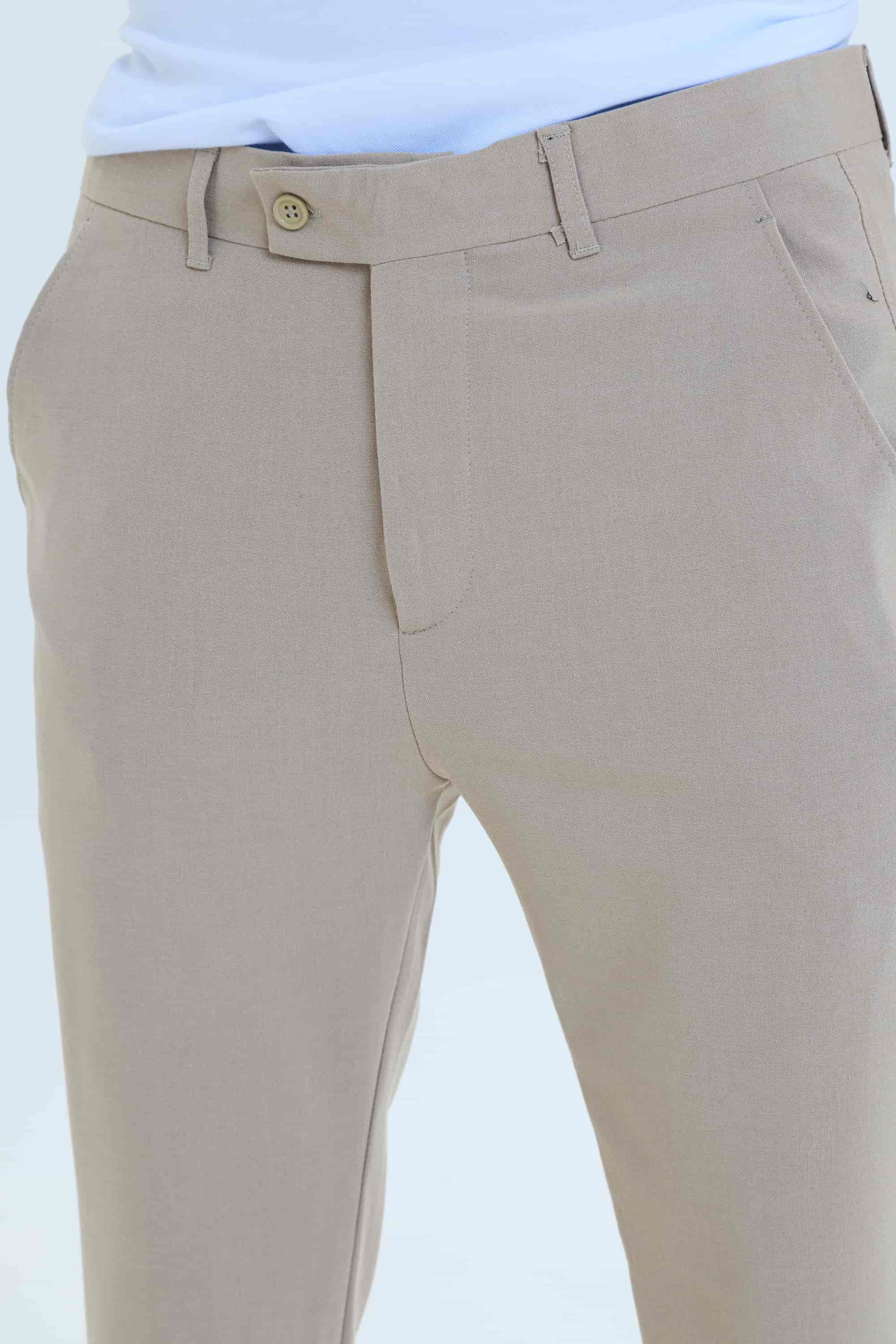 Erkek Düz Kesim Kumaş Pantolon Esnek Likralı Bilek Boy Bej-Skinny & Normal Bel