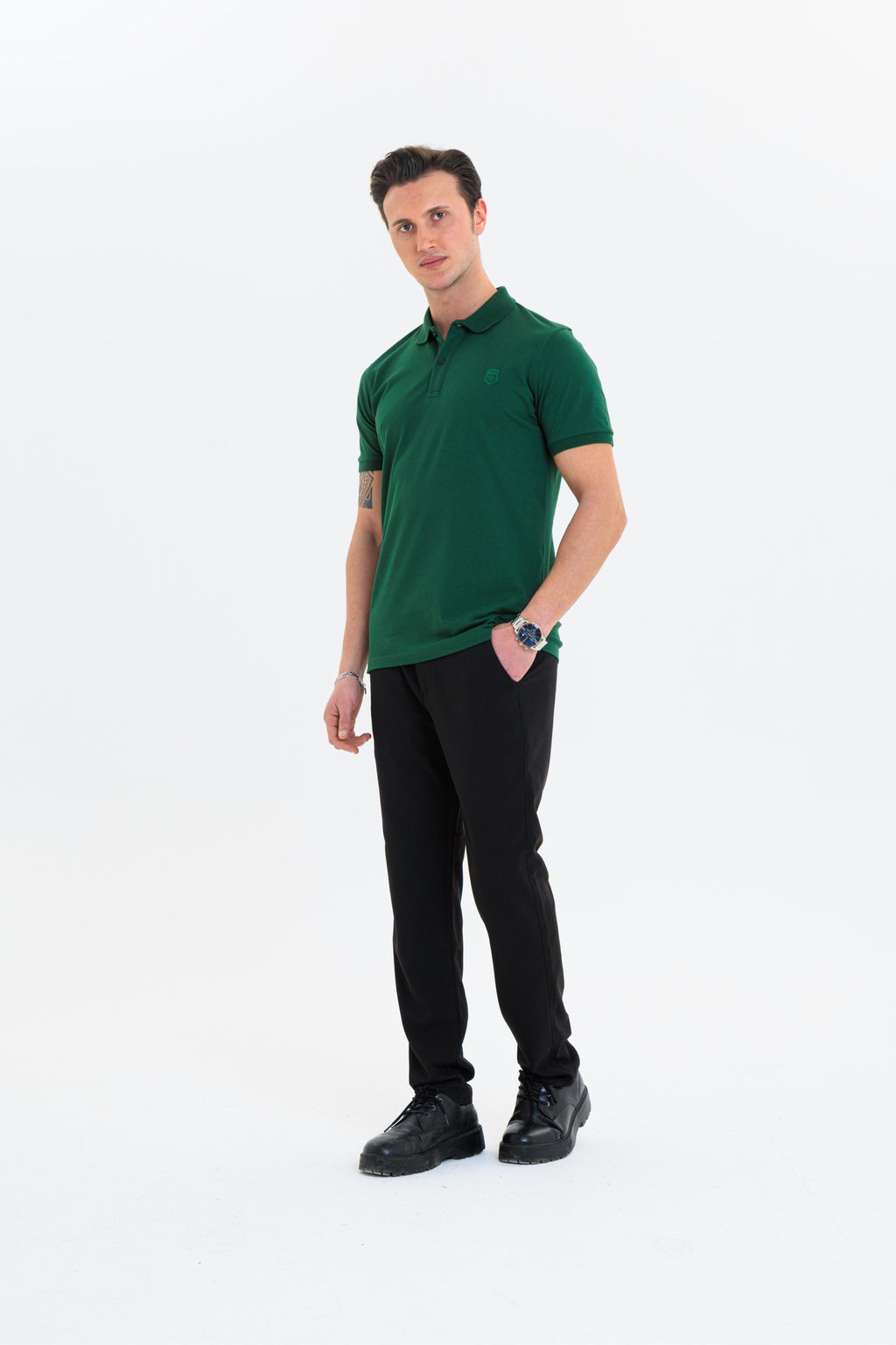 GEWER Özel Dikim Polo Yaka Erkek T-Shirt Pamuklu Yeşil - Slim Fit & Pike Dokuma