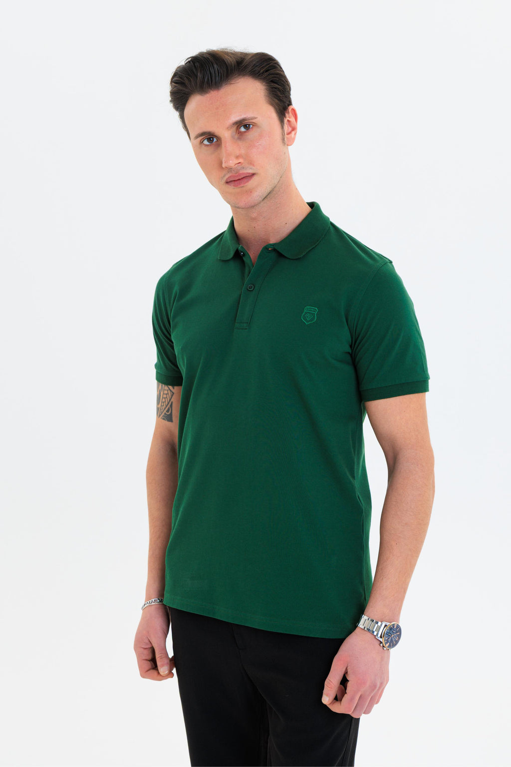 GEWER Özel Dikim Polo Yaka Erkek T-Shirt Pamuklu Yeşil - Slim Fit & Pike Dokuma
