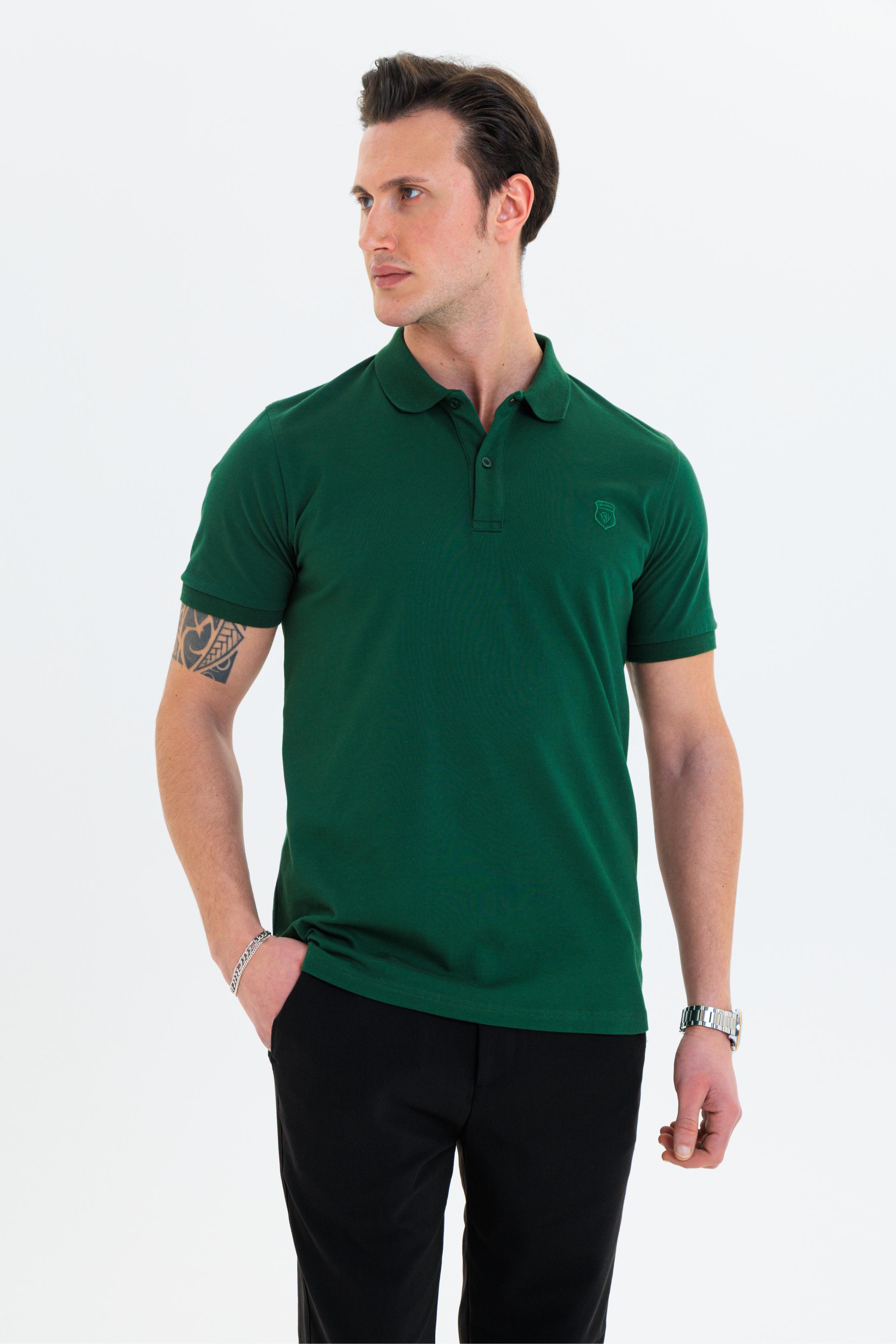 GEWER Özel Dikim Polo Yaka Erkek T-Shirt Pamuklu Yeşil - Slim Fit & Pike Dokuma