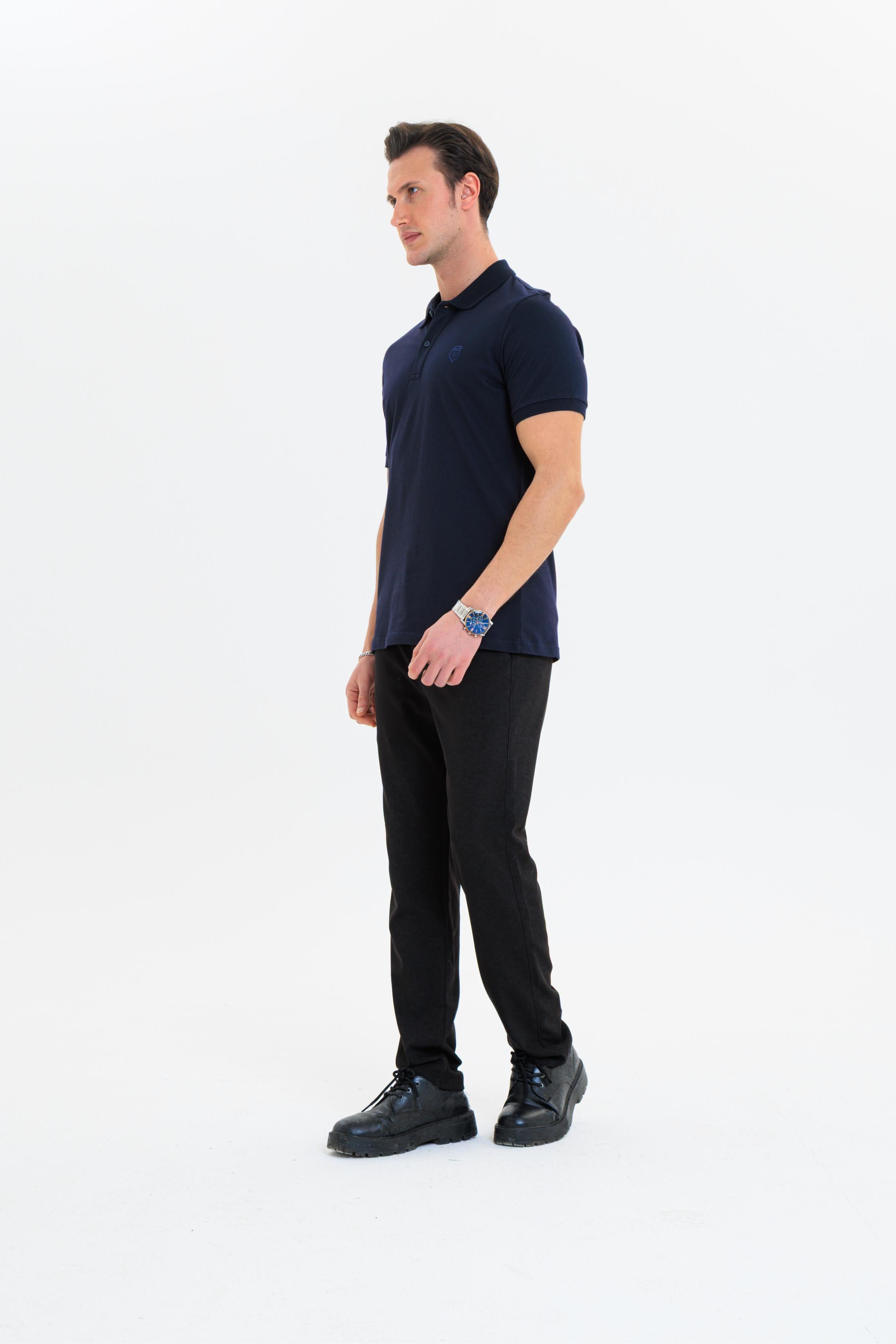 GEWER Özel Dikim Polo Yaka Erkek T-Shirt Pamuklu Lacivert - Slim Fit & Pike Dokuma
