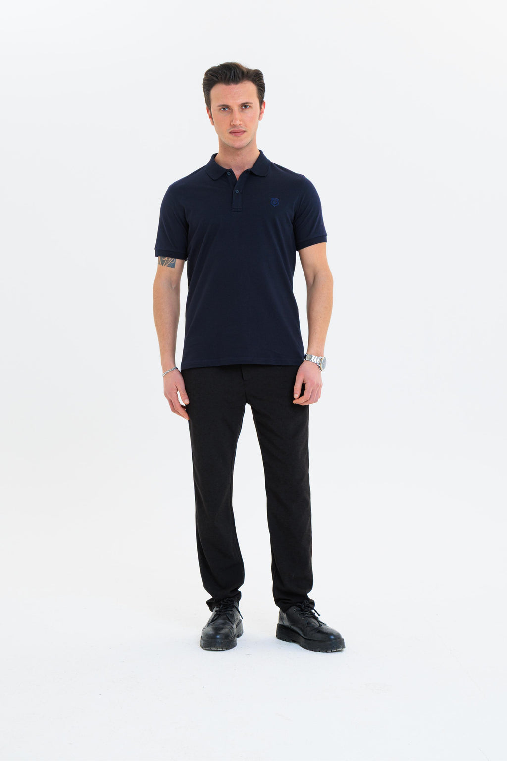 GEWER Özel Dikim Polo Yaka Erkek T-Shirt Pamuklu Lacivert - Slim Fit & Pike Dokuma