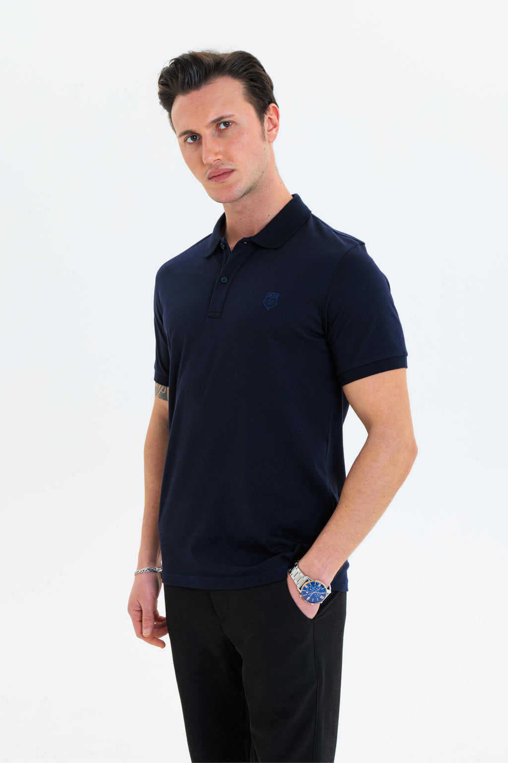 GEWER Özel Dikim Polo Yaka Erkek T-Shirt Pamuklu Lacivert - Slim Fit & Pike Dokuma