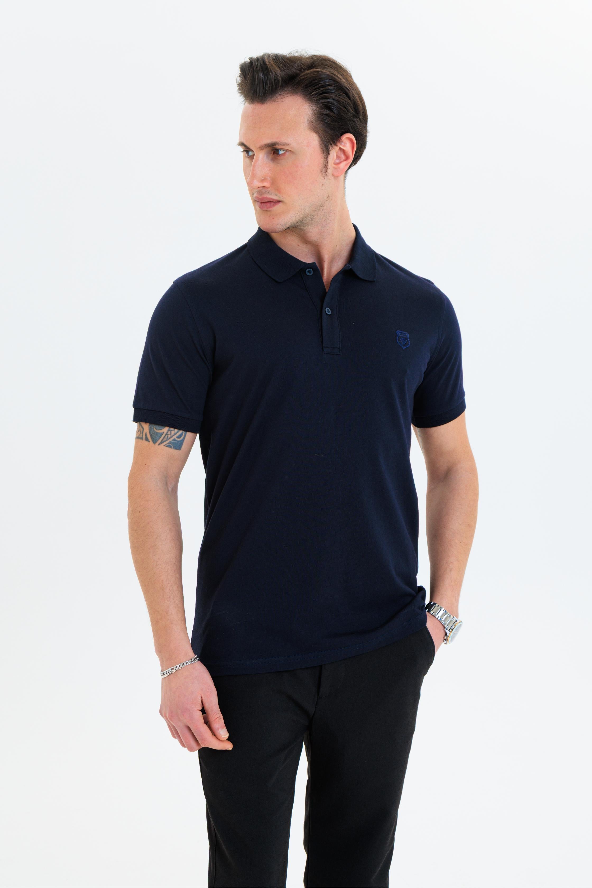 GEWER Özel Dikim Polo Yaka Erkek T-Shirt Pamuklu Lacivert - Slim Fit & Pike Dokuma