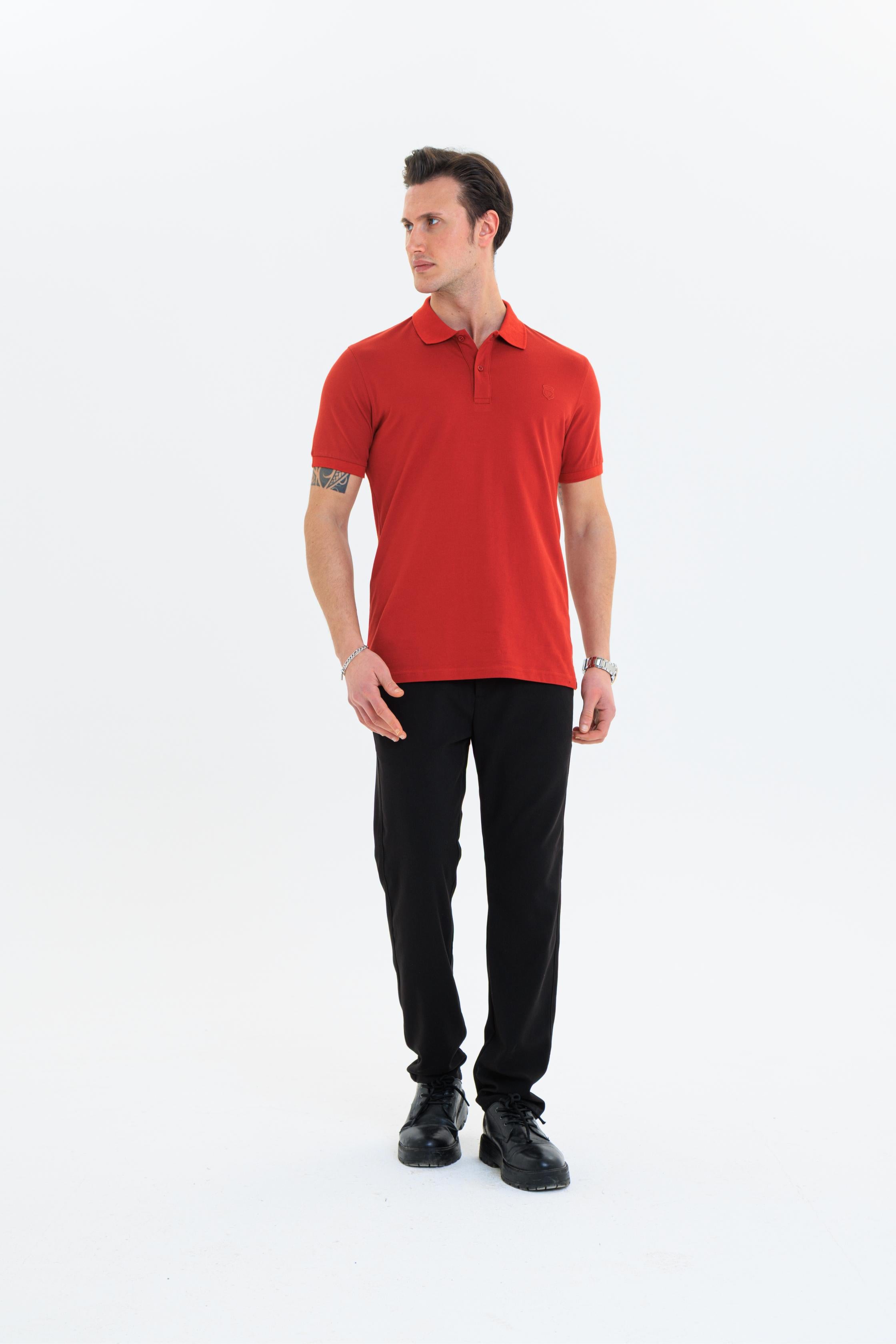 GEWER Özel Dikim Polo Yaka Erkek T-Shirt Pamuklu Kiremit - Slim Fit & Pike Dokuma