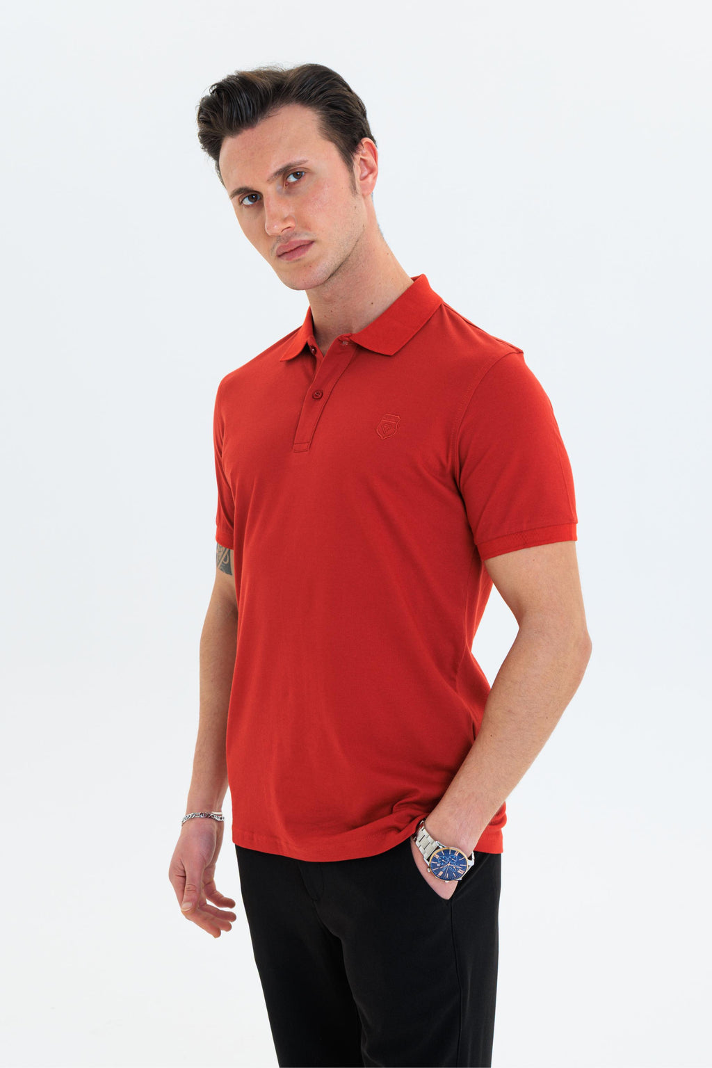 GEWER Özel Dikim Polo Yaka Erkek T-Shirt Pamuklu Kiremit - Slim Fit & Pike Dokuma