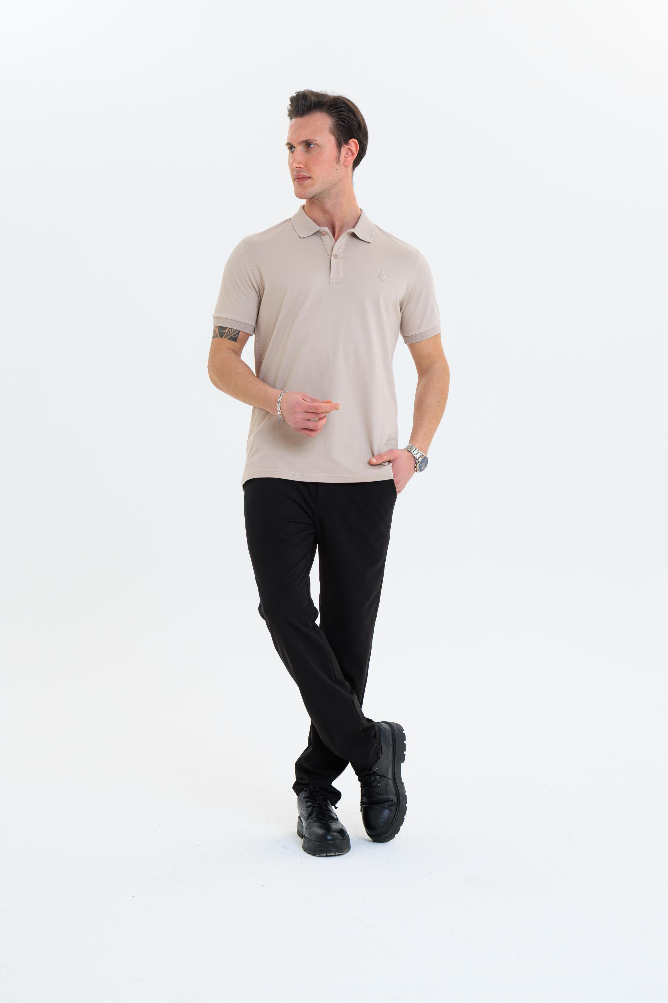 GEWER Özel Dikim Polo Yaka Erkek T-Shirt Pamuklu Bej - Slim Fit & Pike Dokuma