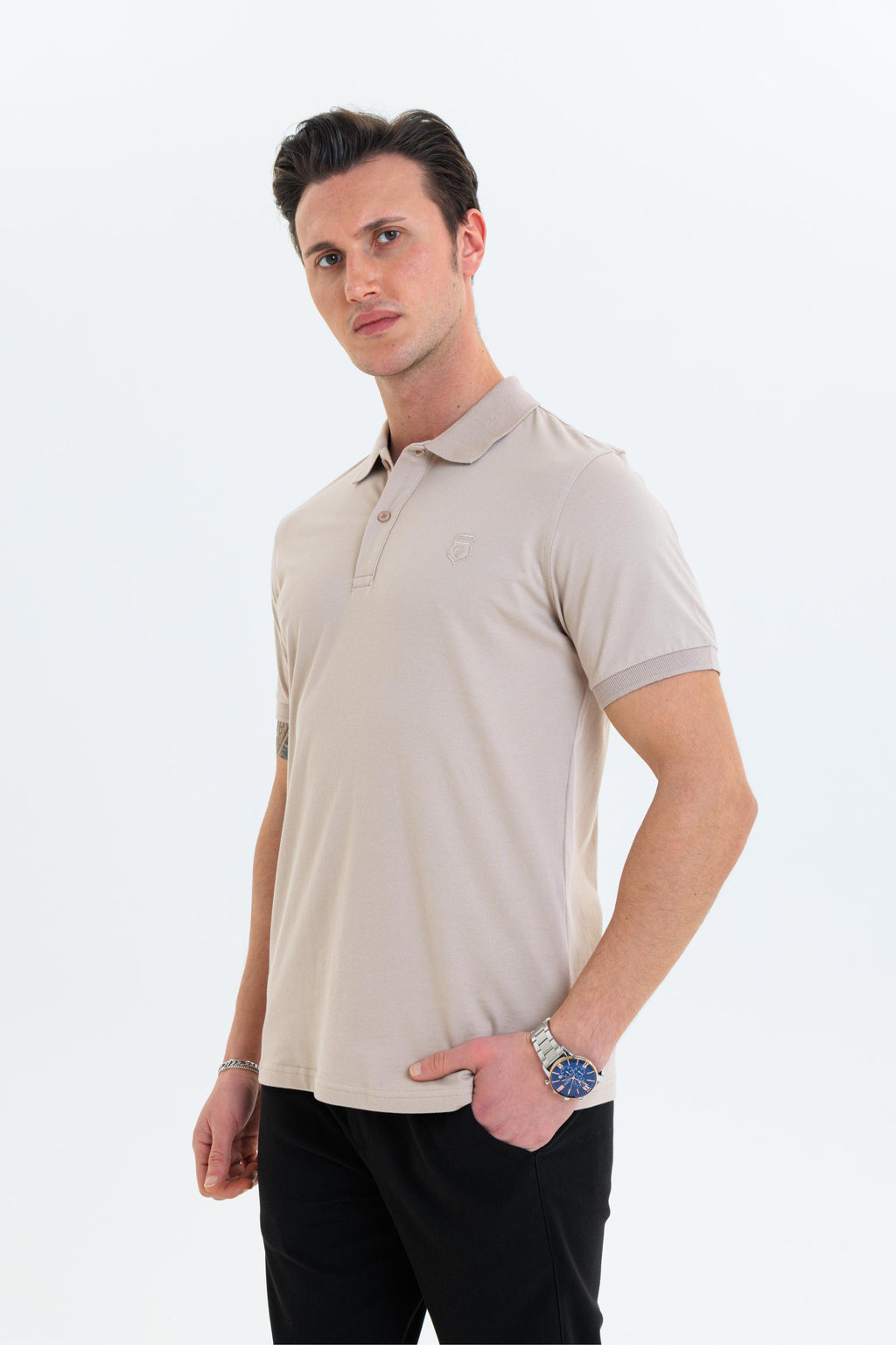 GEWER Özel Dikim Polo Yaka Erkek T-Shirt Pamuklu Bej - Slim Fit & Pike Dokuma