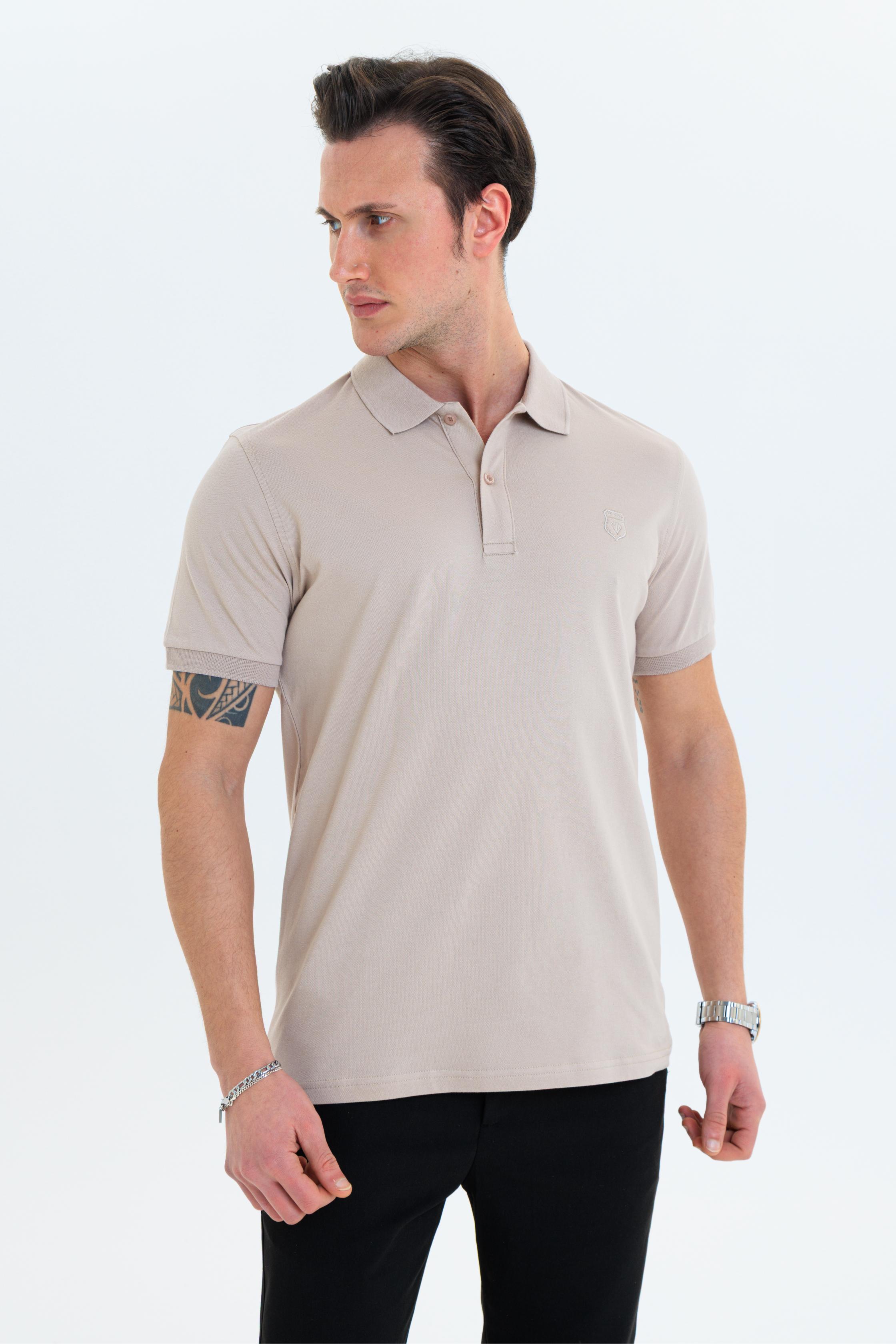 GEWER Özel Dikim Polo Yaka Erkek T-Shirt Pamuklu Bej - Slim Fit & Pike Dokuma