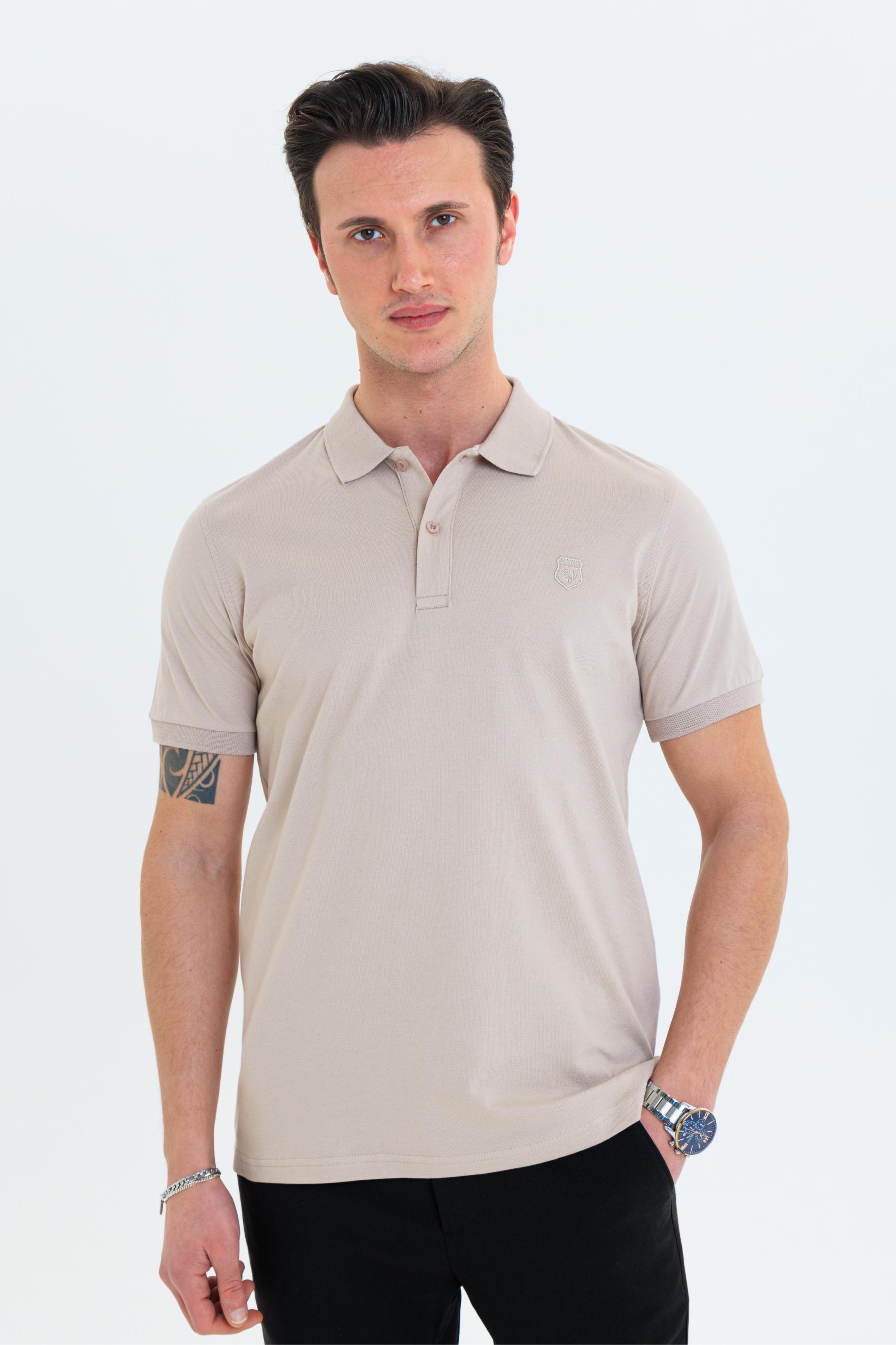 GEWER Özel Dikim Polo Yaka Erkek T-Shirt Pamuklu Bej - Slim Fit & Pike Dokuma