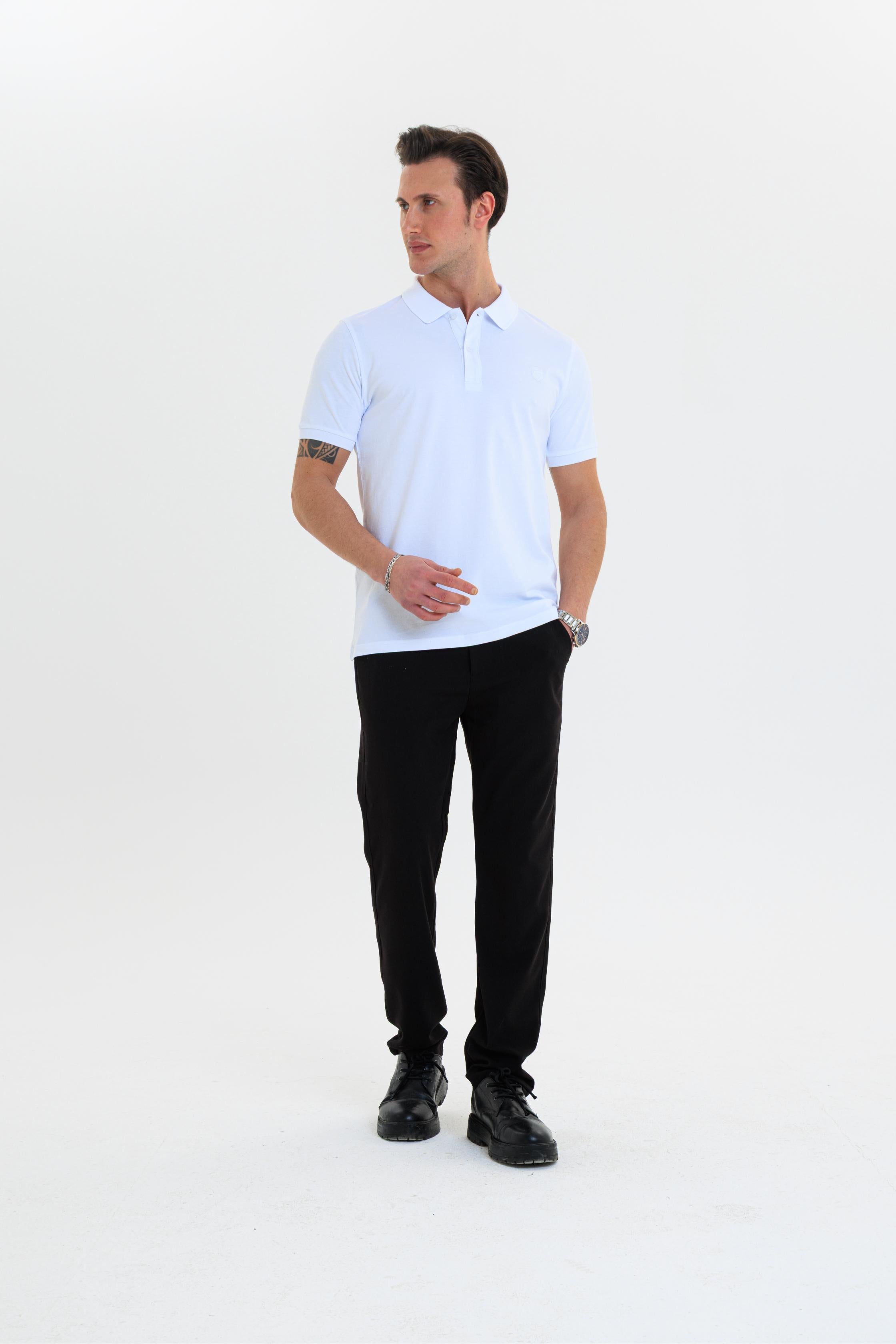 GEWER Özel Dikim Polo Yaka Erkek T-Shirt Pamuklu Beyaz - Slim Fit & Pike Dokuma