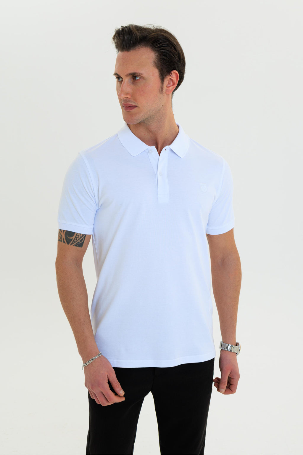 GEWER Özel Dikim Polo Yaka Erkek T-Shirt Pamuklu Beyaz - Slim Fit & Pike Dokuma