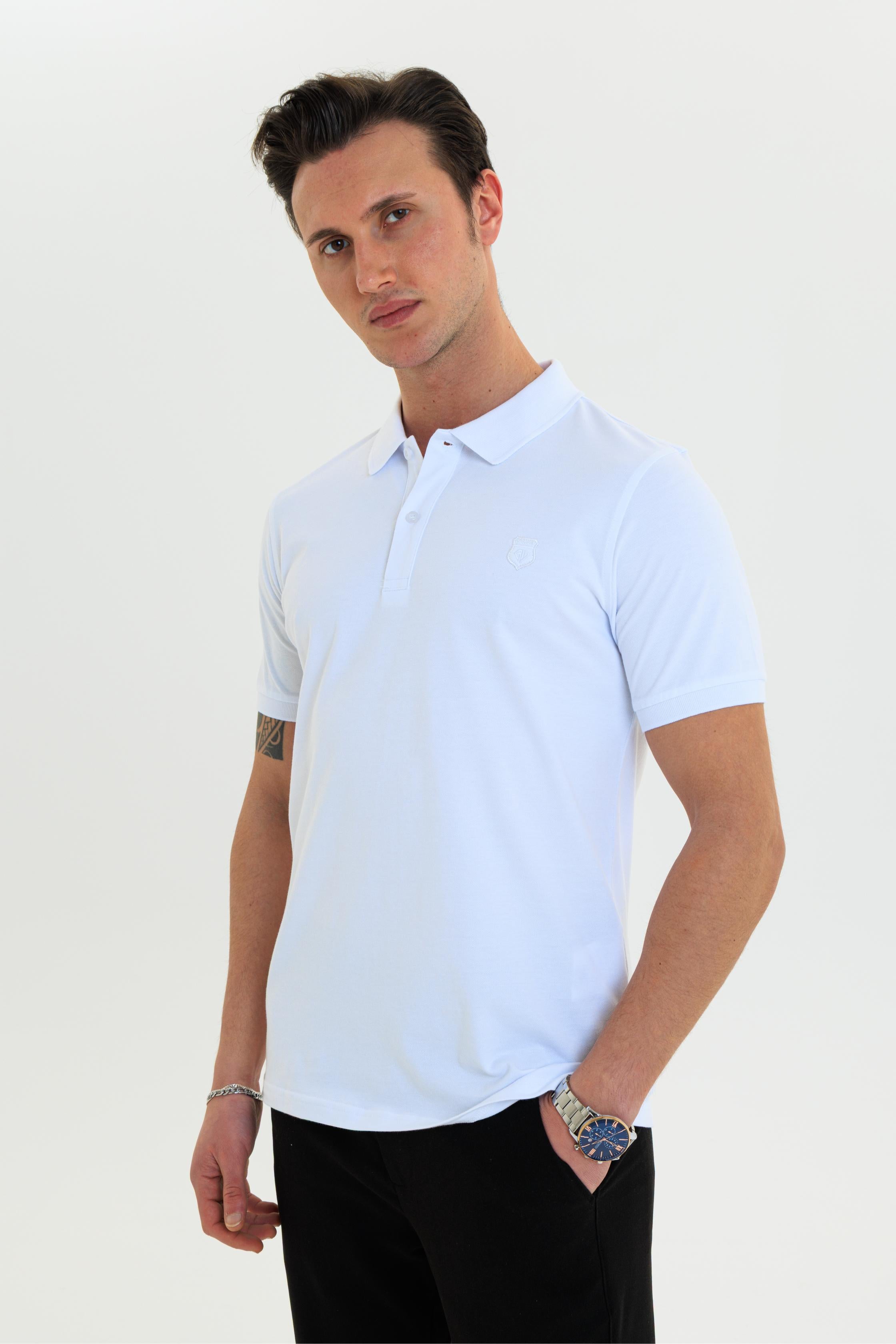GEWER Özel Dikim Polo Yaka Erkek T-Shirt Pamuklu Beyaz - Slim Fit & Pike Dokuma