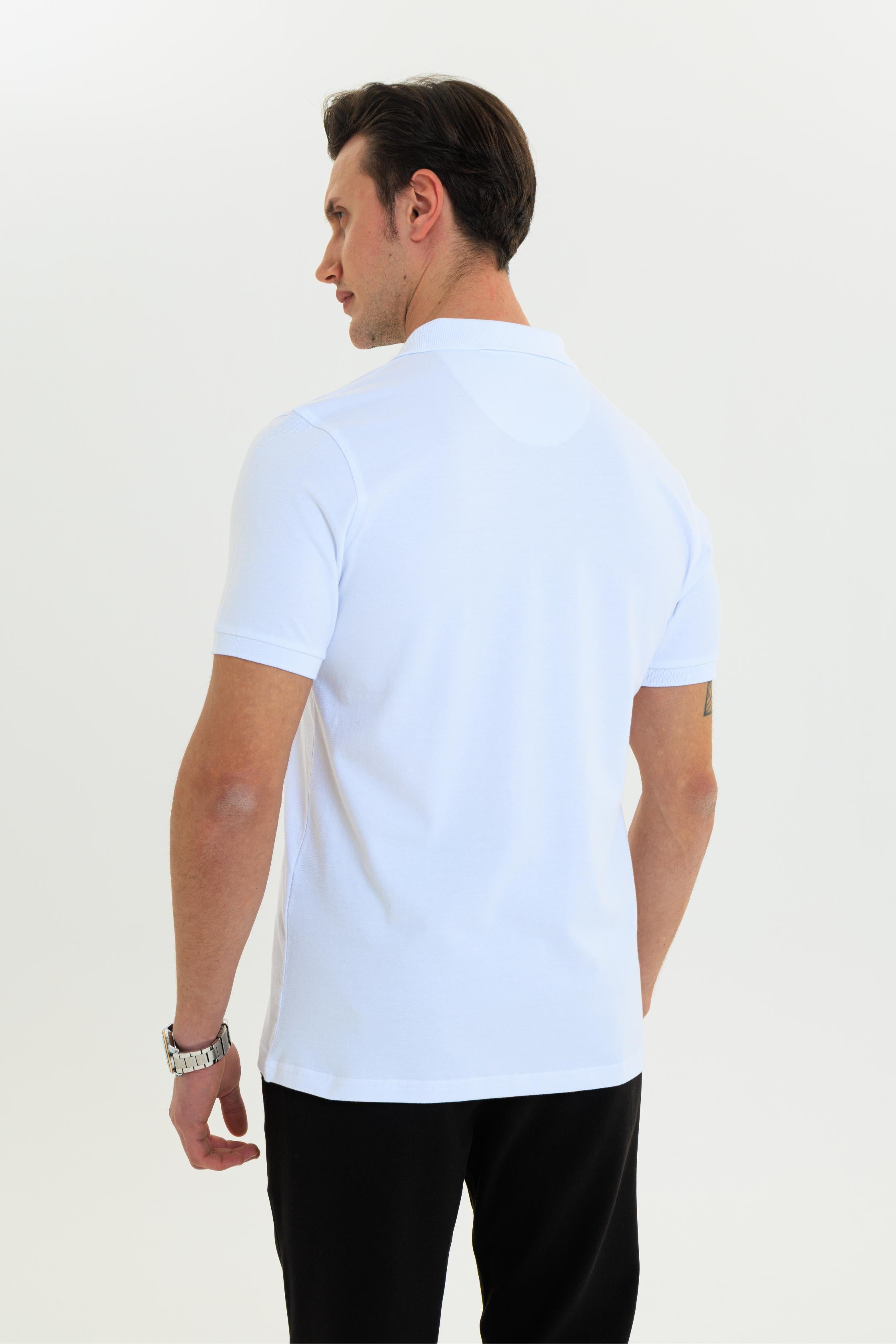 GEWER Özel Dikim Polo Yaka Erkek T-Shirt Pamuklu Beyaz - Slim Fit & Pike Dokuma