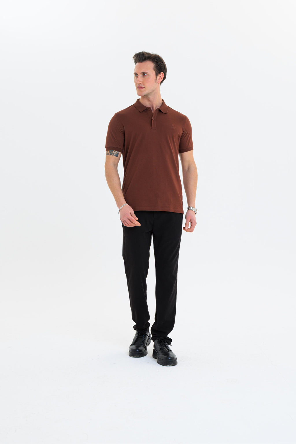 GEWER Özel Dikim Polo Yaka Erkek T-Shirt Pamuklu Kahverengi - Slim Fit & Pike Dokuma