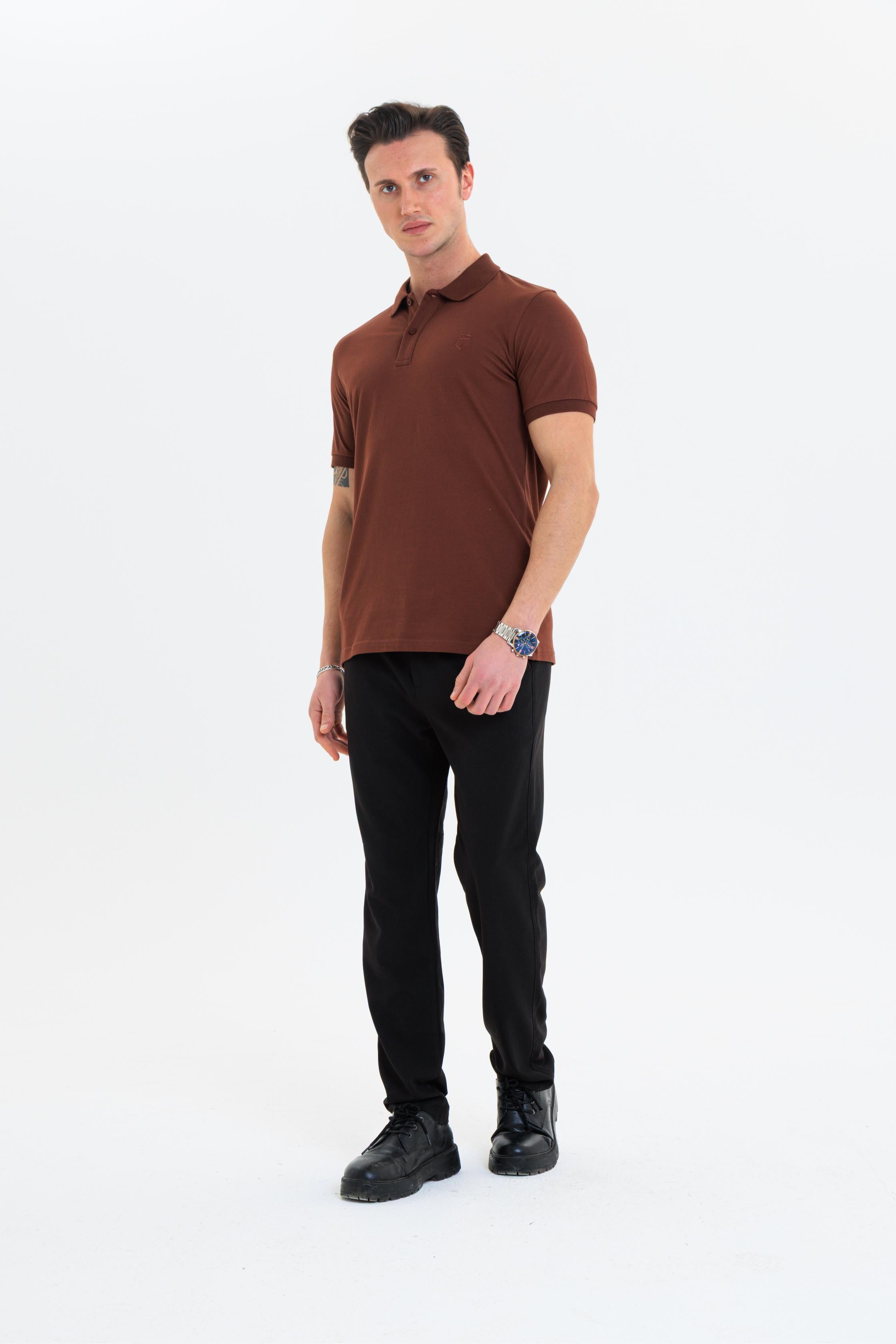 GEWER Özel Dikim Polo Yaka Erkek T-Shirt Pamuklu Kahverengi - Slim Fit & Pike Dokuma