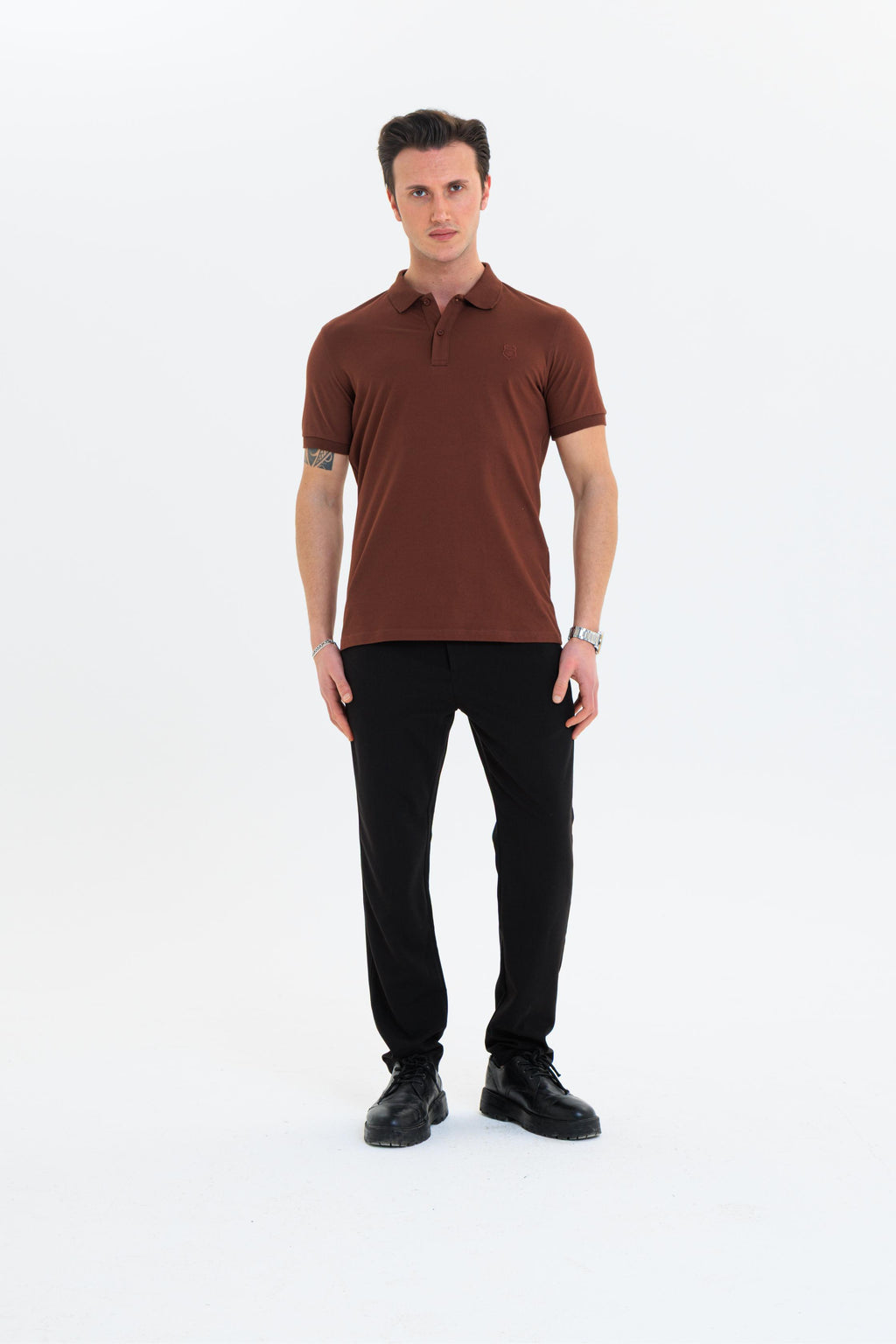 GEWER Özel Dikim Polo Yaka Erkek T-Shirt Pamuklu Kahverengi - Slim Fit & Pike Dokuma