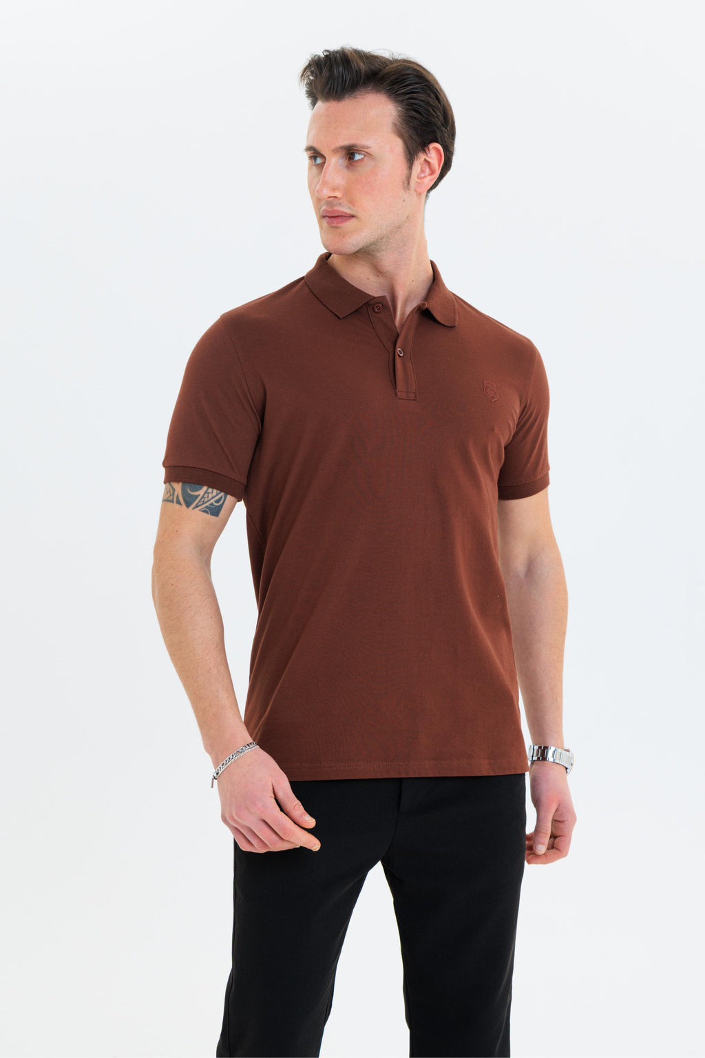 GEWER Özel Dikim Polo Yaka Erkek T-Shirt Pamuklu Kahverengi - Slim Fit & Pike Dokuma