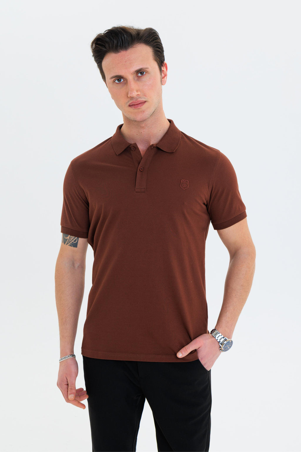 GEWER Özel Dikim Polo Yaka Erkek T-Shirt Pamuklu Kahverengi - Slim Fit & Pike Dokuma