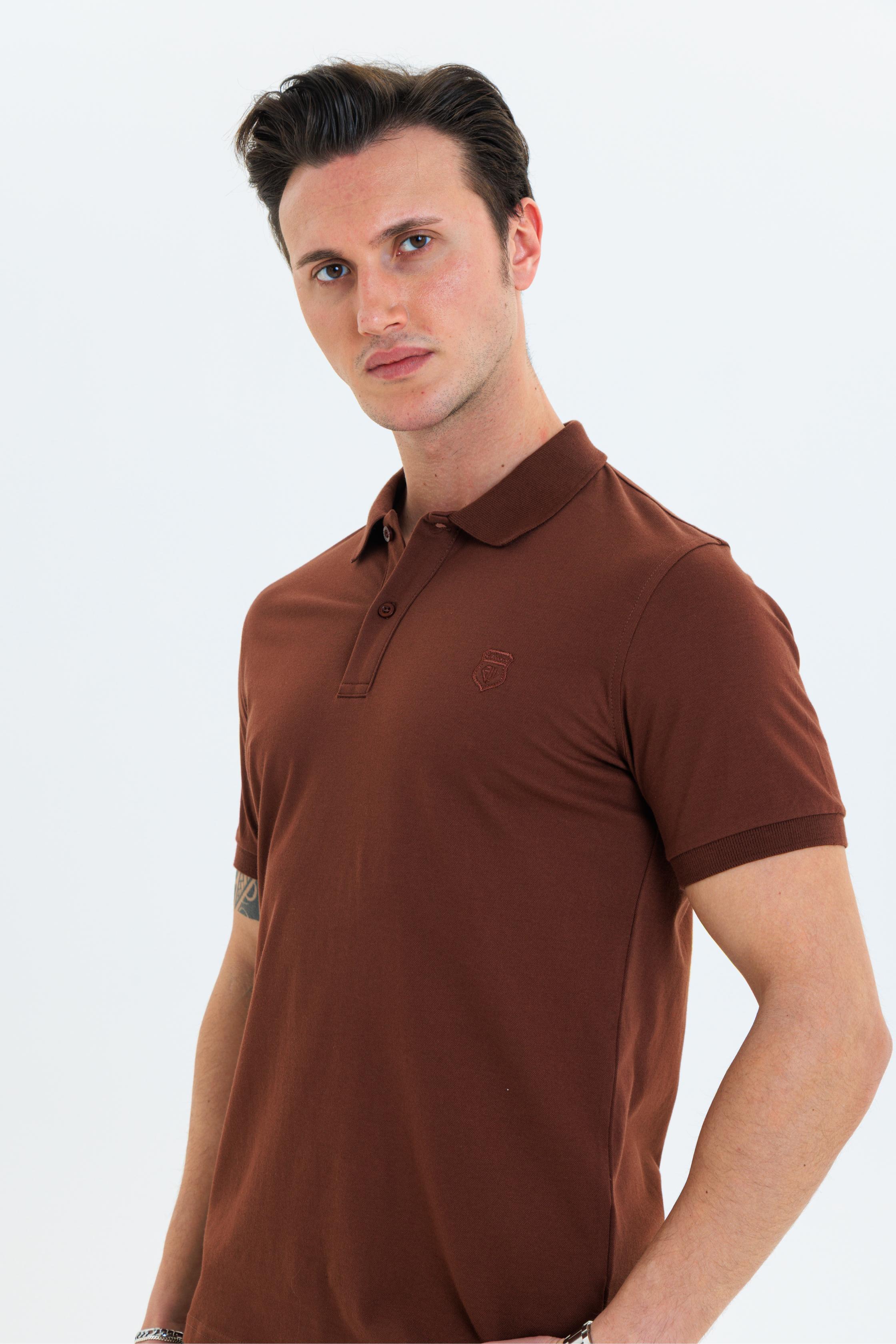 GEWER Özel Dikim Polo Yaka Erkek T-Shirt Pamuklu Kahverengi - Slim Fit & Pike Dokuma