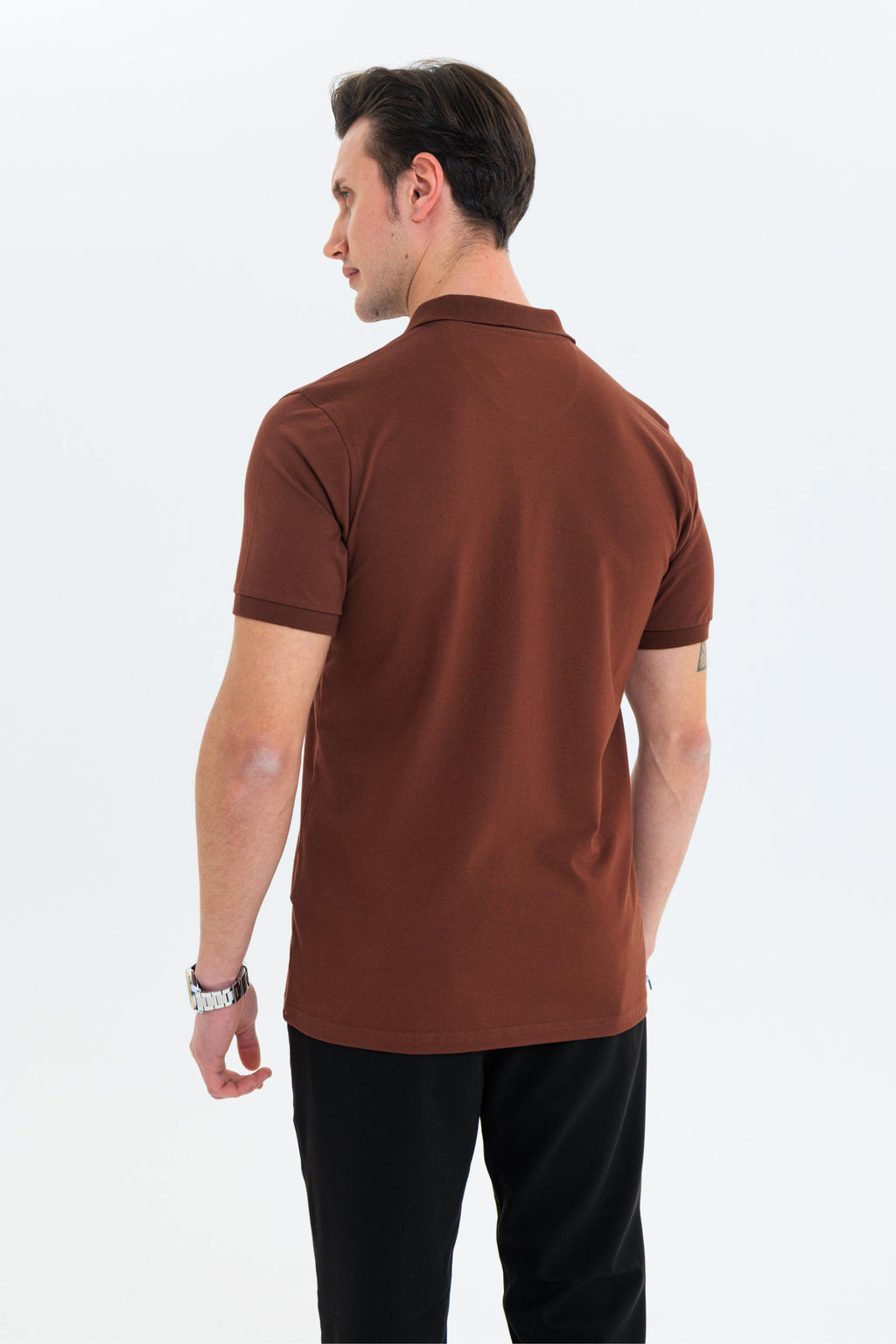 GEWER Özel Dikim Polo Yaka Erkek T-Shirt Pamuklu Kahverengi - Slim Fit & Pike Dokuma