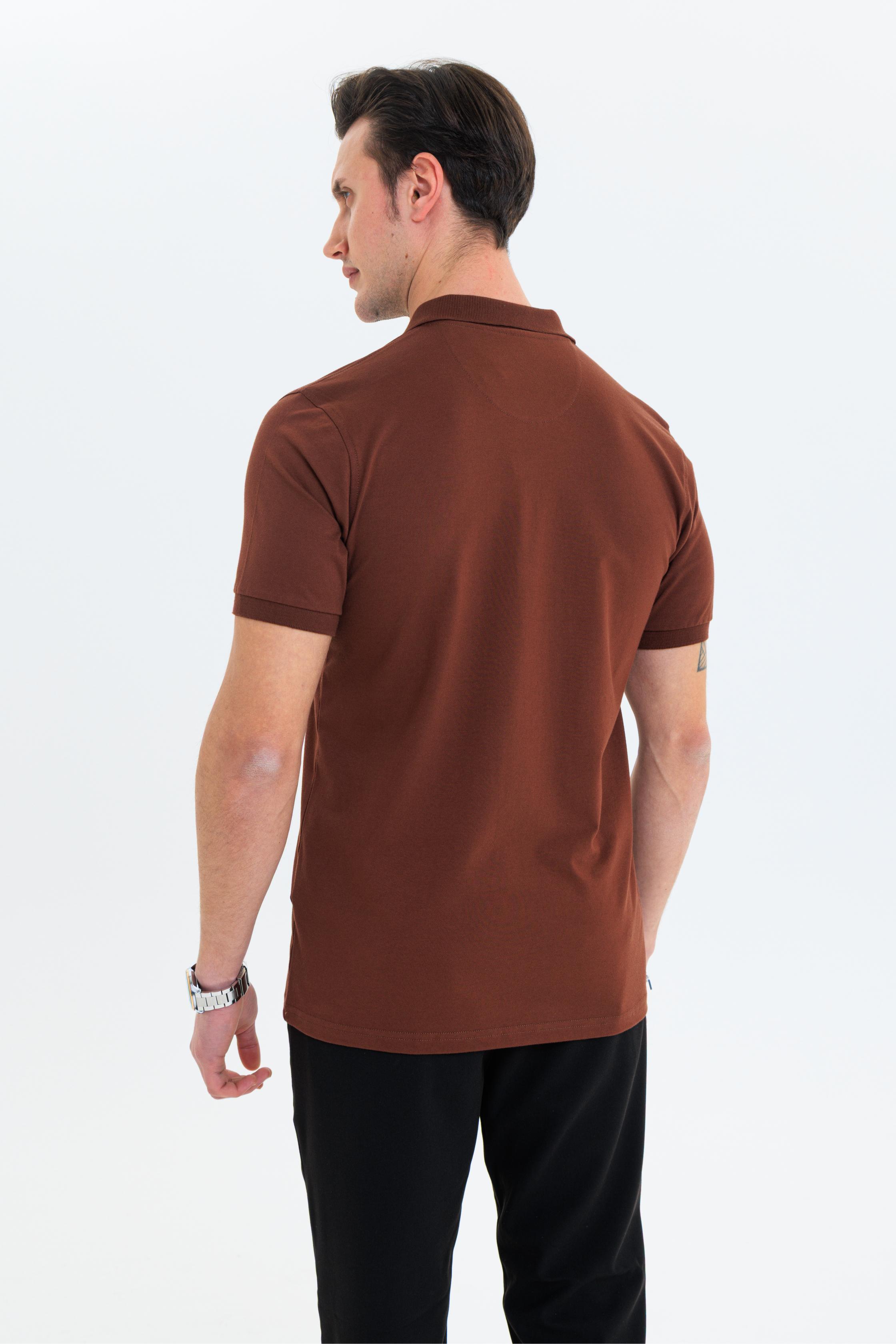 GEWER Özel Dikim Polo Yaka Erkek T-Shirt Pamuklu Kahverengi - Slim Fit & Pike Dokuma