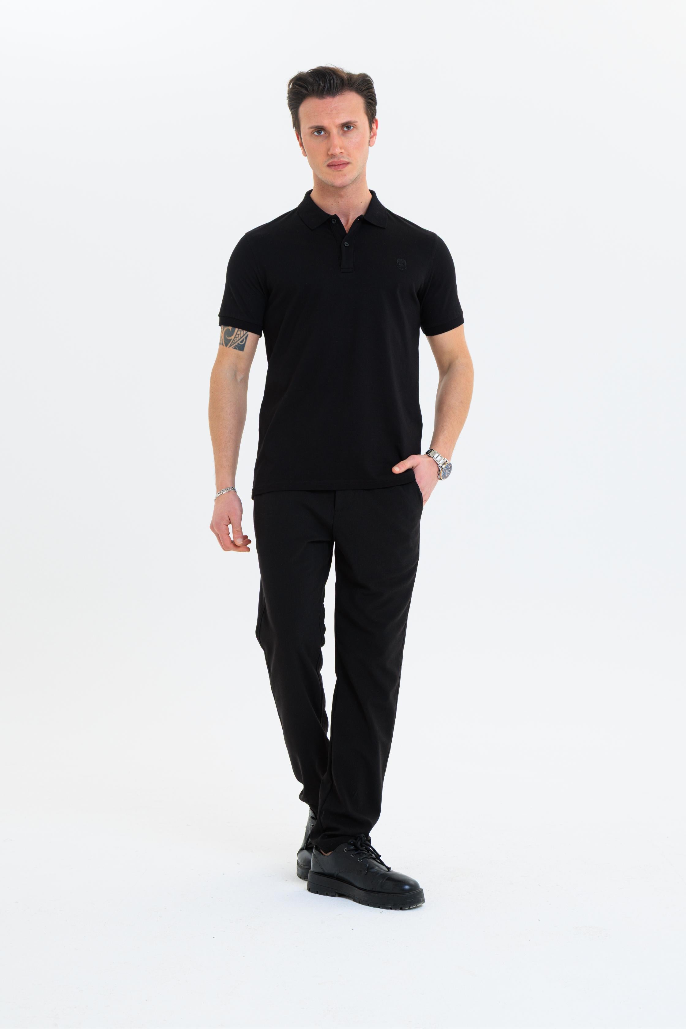 GEWER Özel Dikim Polo Yaka Erkek T-Shirt Pamuklu Siyah - Slim Fit & Pike Dokuma