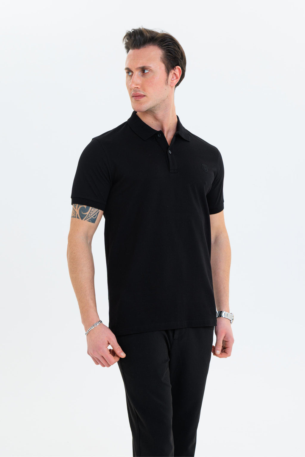 GEWER Özel Dikim Polo Yaka Erkek T-Shirt Pamuklu Siyah - Slim Fit & Pike Dokuma