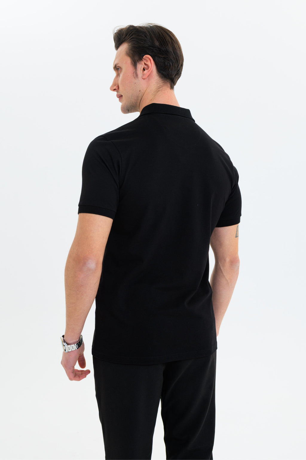 GEWER Özel Dikim Polo Yaka Erkek T-Shirt Pamuklu Siyah - Slim Fit & Pike Dokuma
