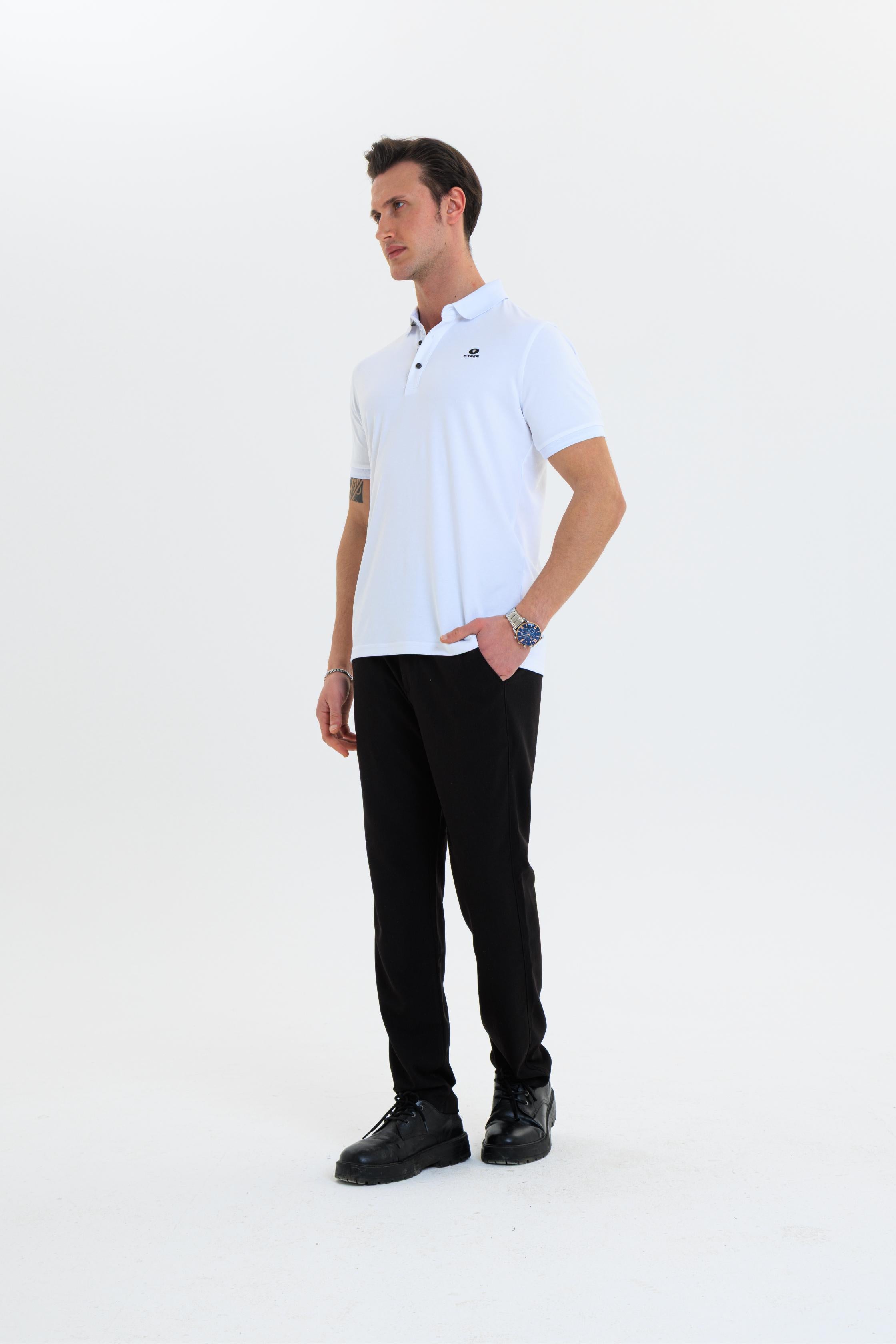 GEWER  Polo Yaka Erkek T-Shirt Beyaz - Slim Fit & Merserize Dokuma