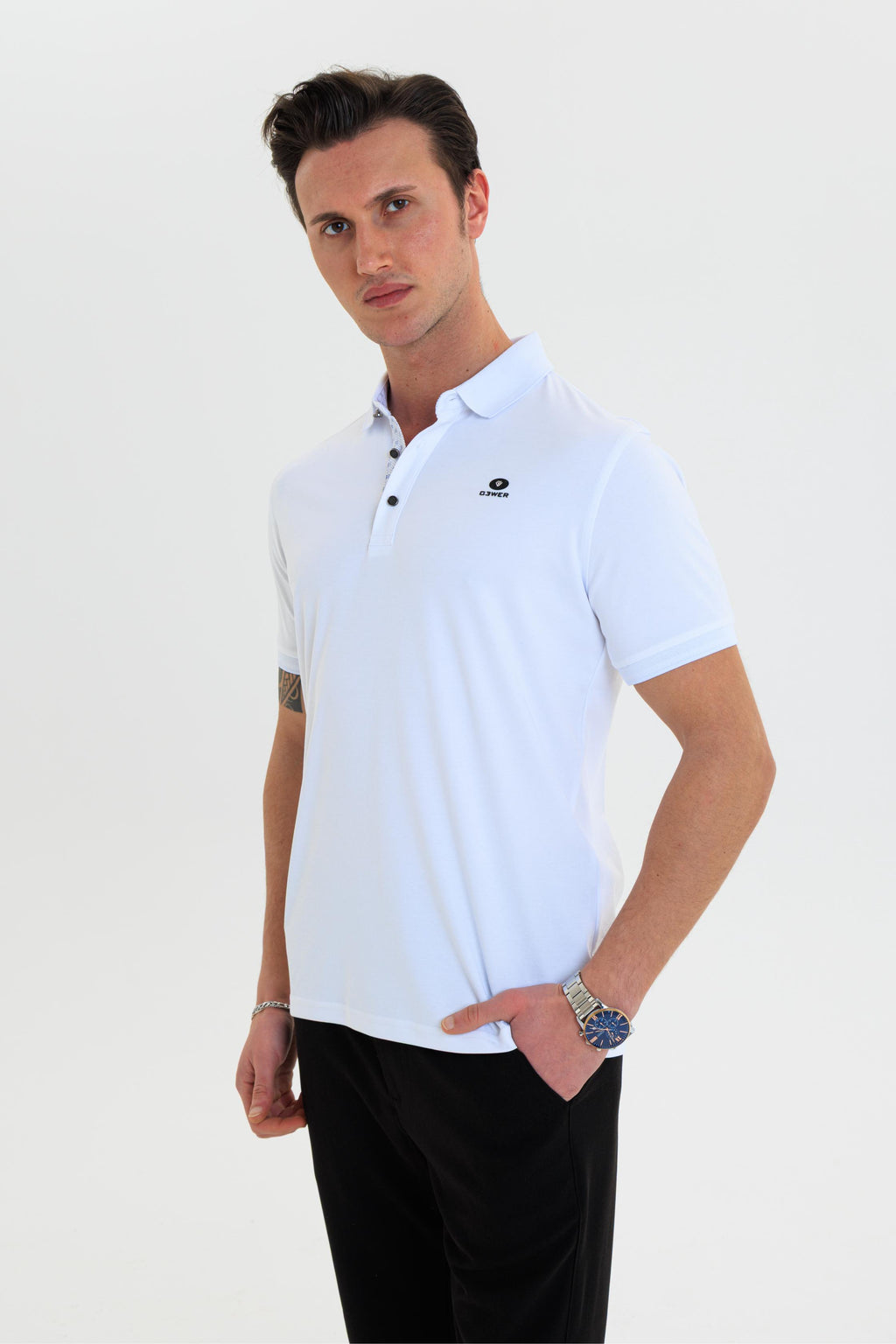 GEWER  Polo Yaka Erkek T-Shirt Beyaz - Slim Fit & Merserize Dokuma
