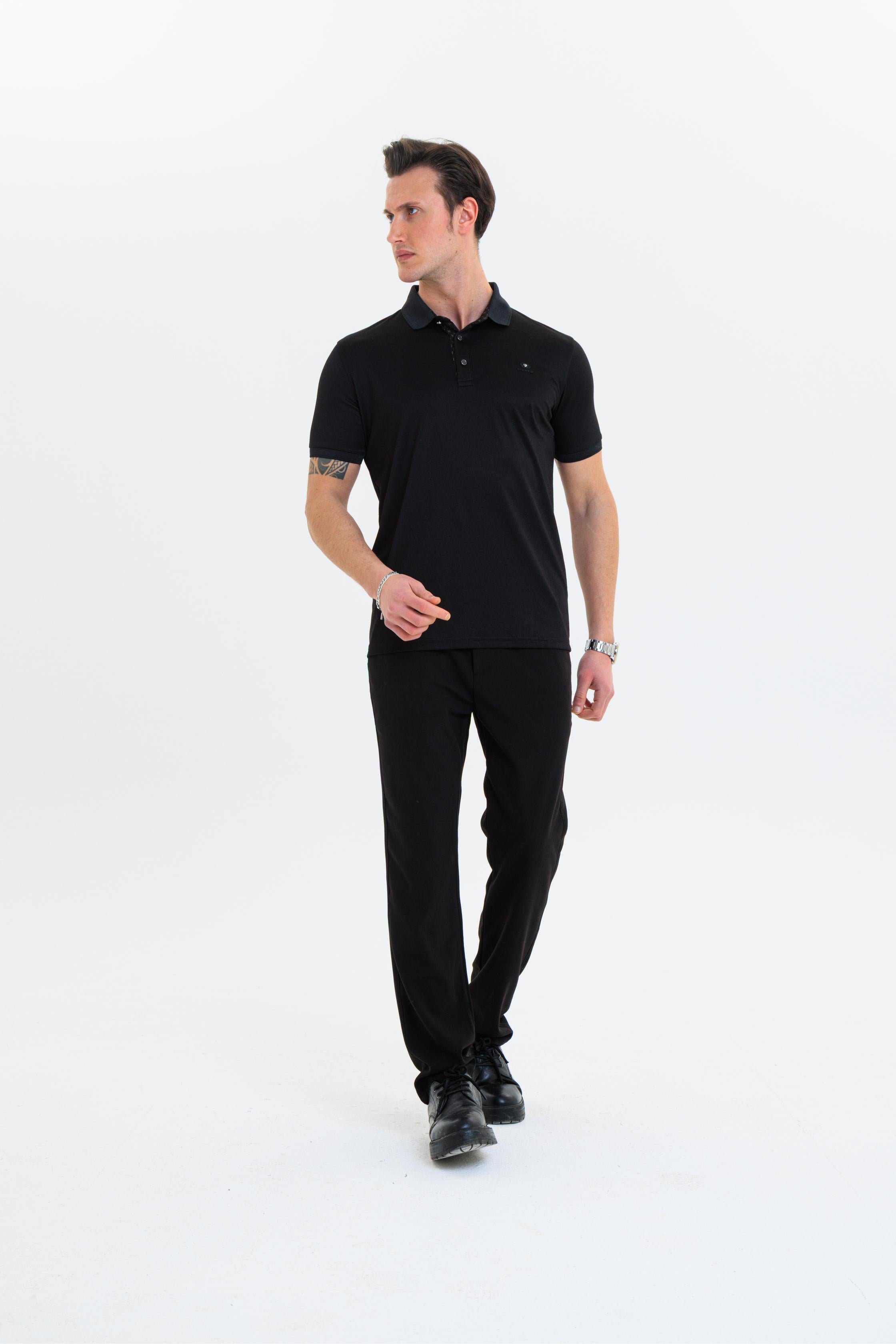 GEWER  Polo Yaka Erkek T-Shirt Siyah- Slim Fit & Merserize Dokuma