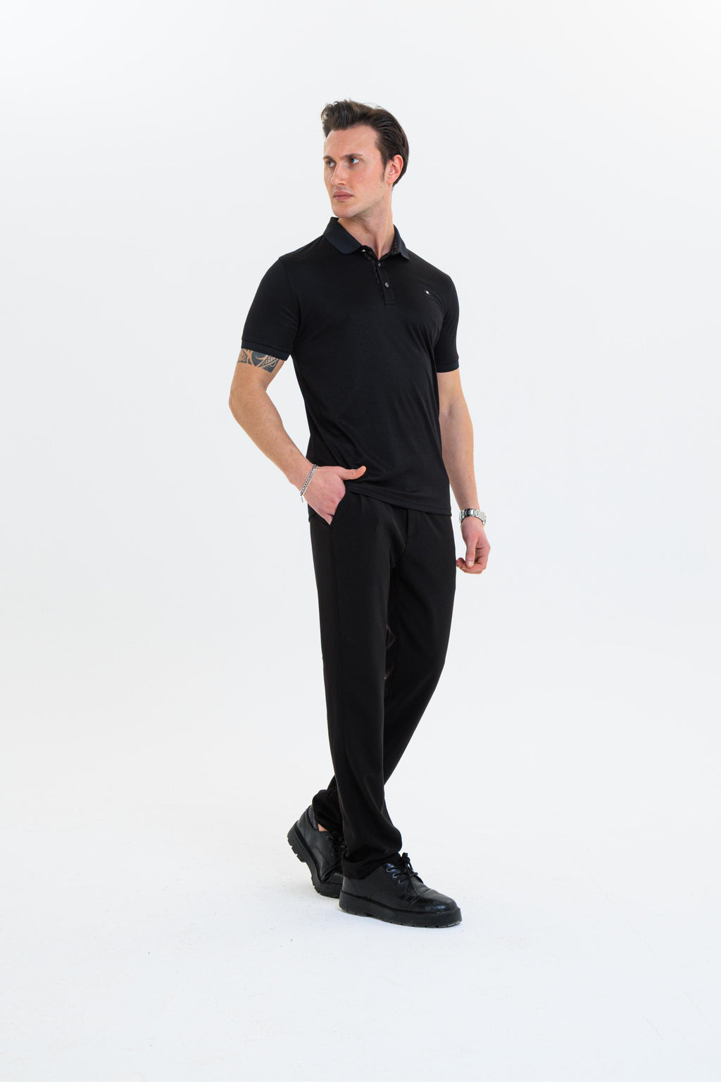 GEWER  Polo Yaka Erkek T-Shirt Siyah- Slim Fit & Merserize Dokuma