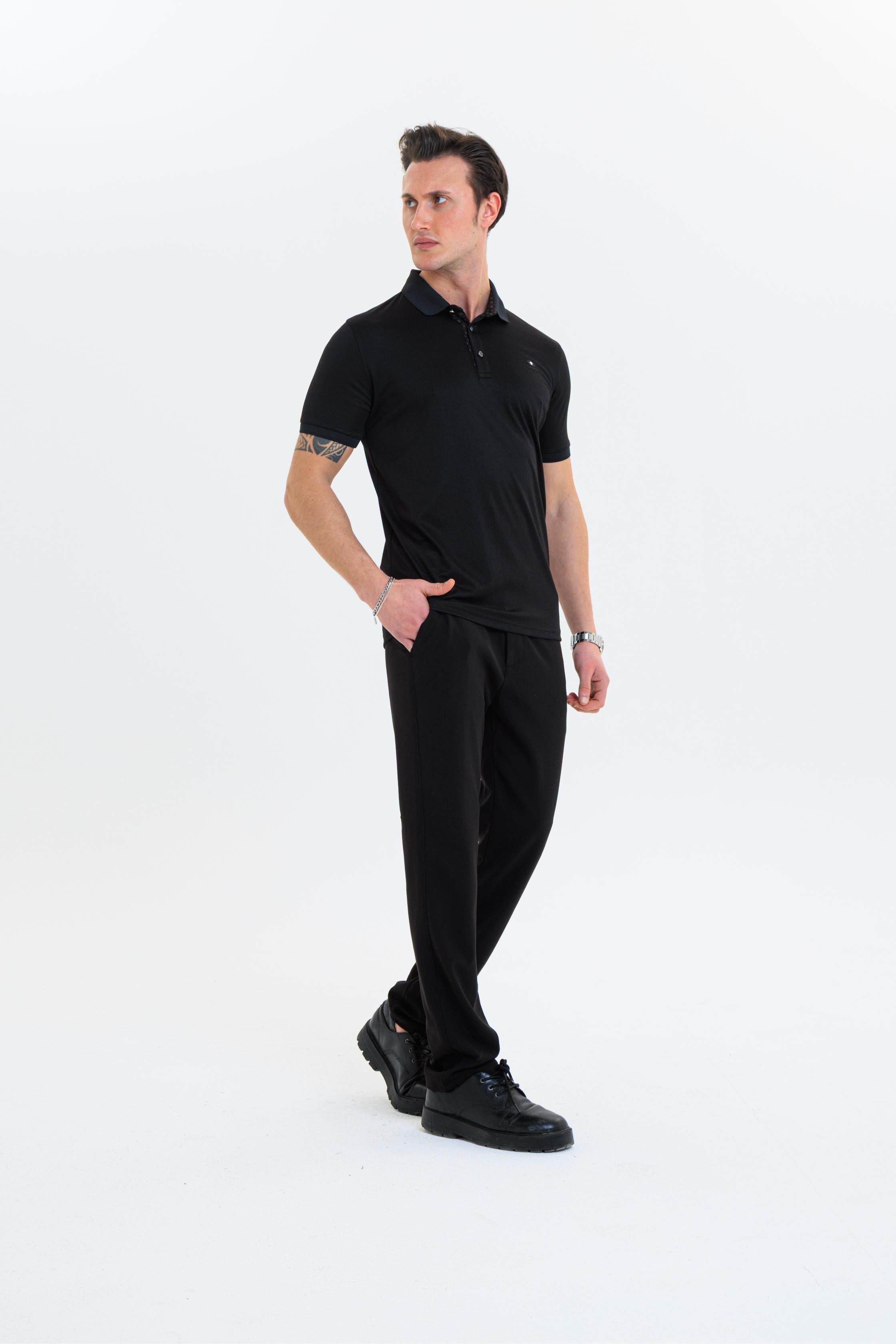 GEWER  Polo Yaka Erkek T-Shirt Siyah- Slim Fit & Merserize Dokuma