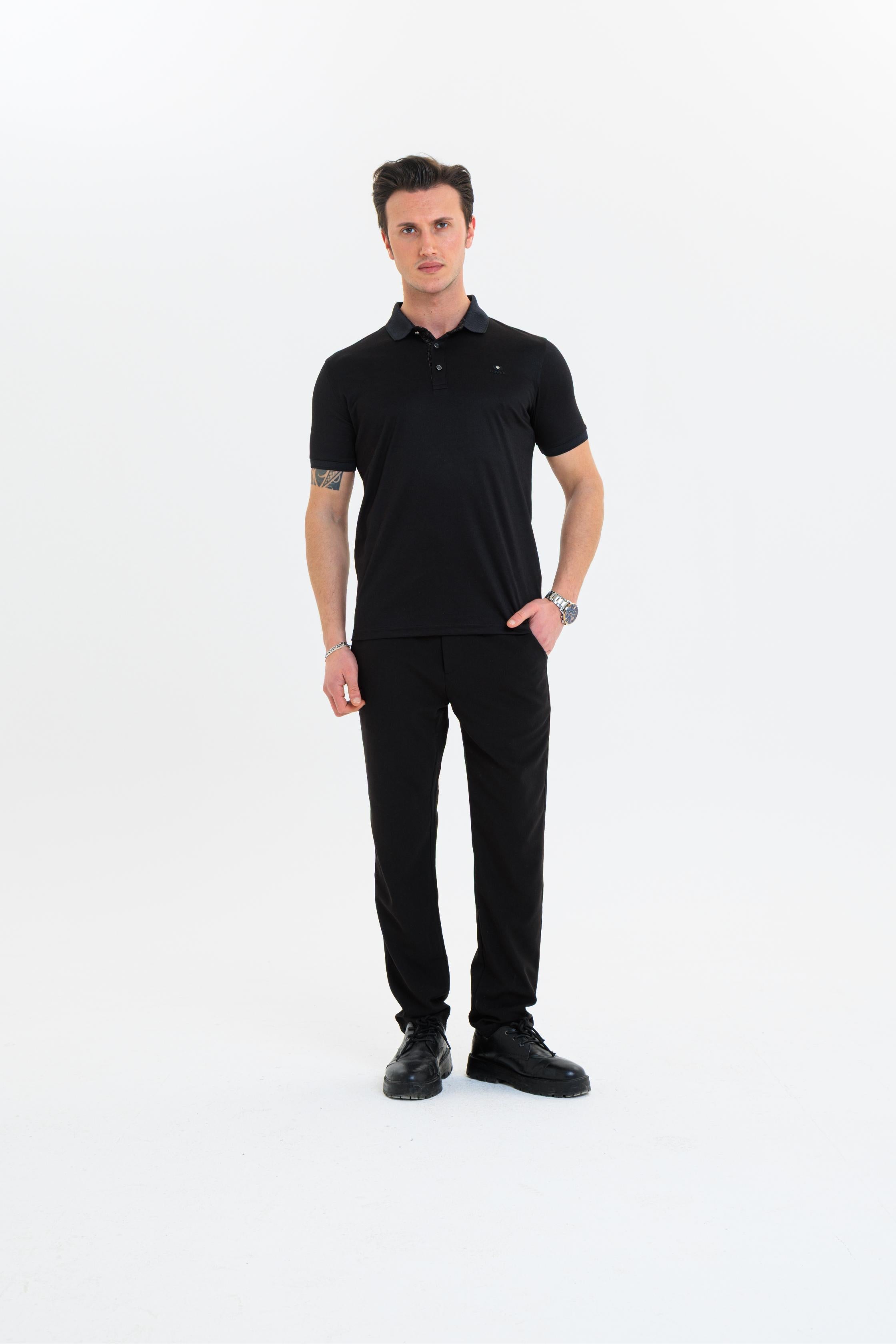 GEWER  Polo Yaka Erkek T-Shirt Siyah- Slim Fit & Merserize Dokuma