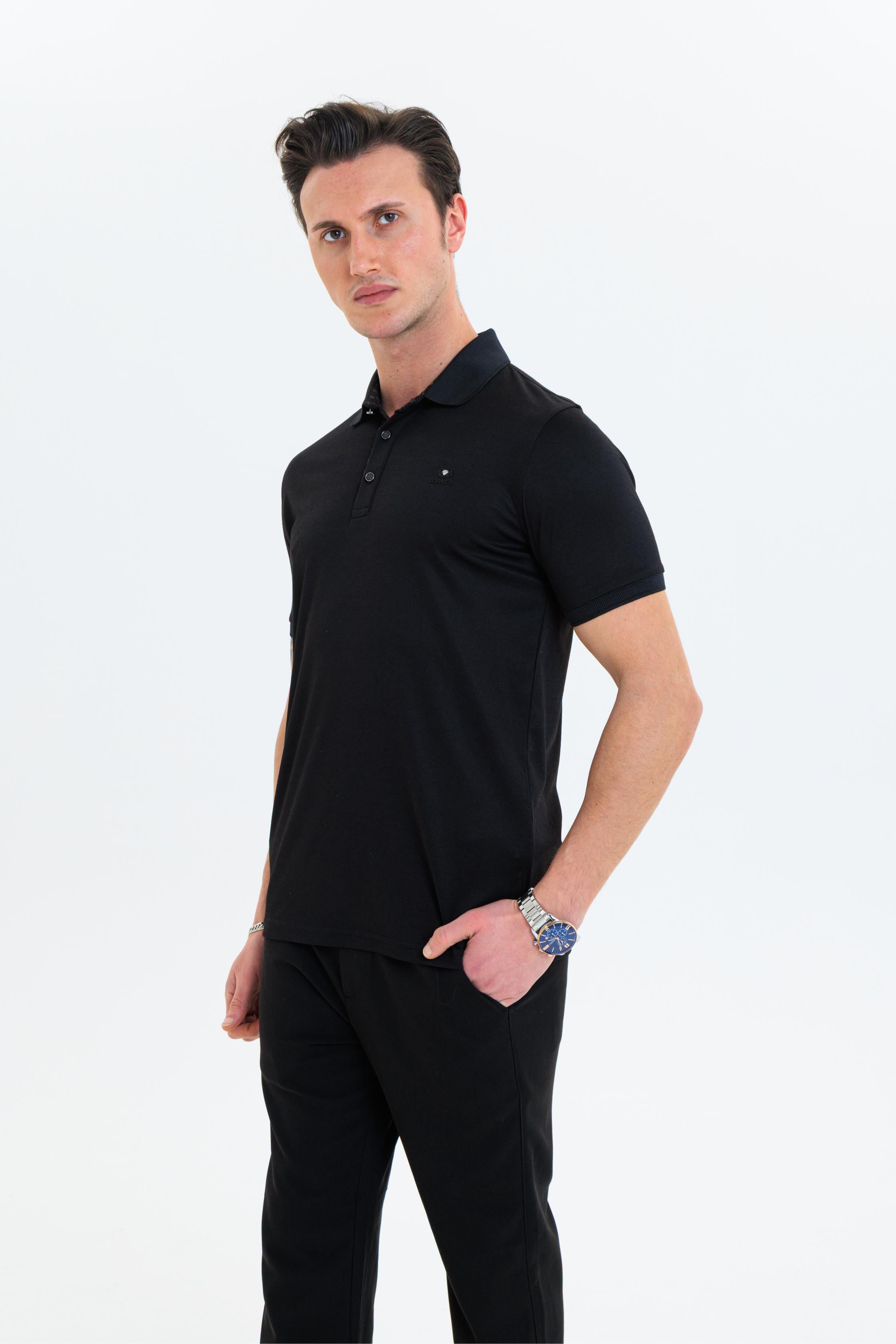 GEWER  Polo Yaka Erkek T-Shirt Siyah- Slim Fit & Merserize Dokuma