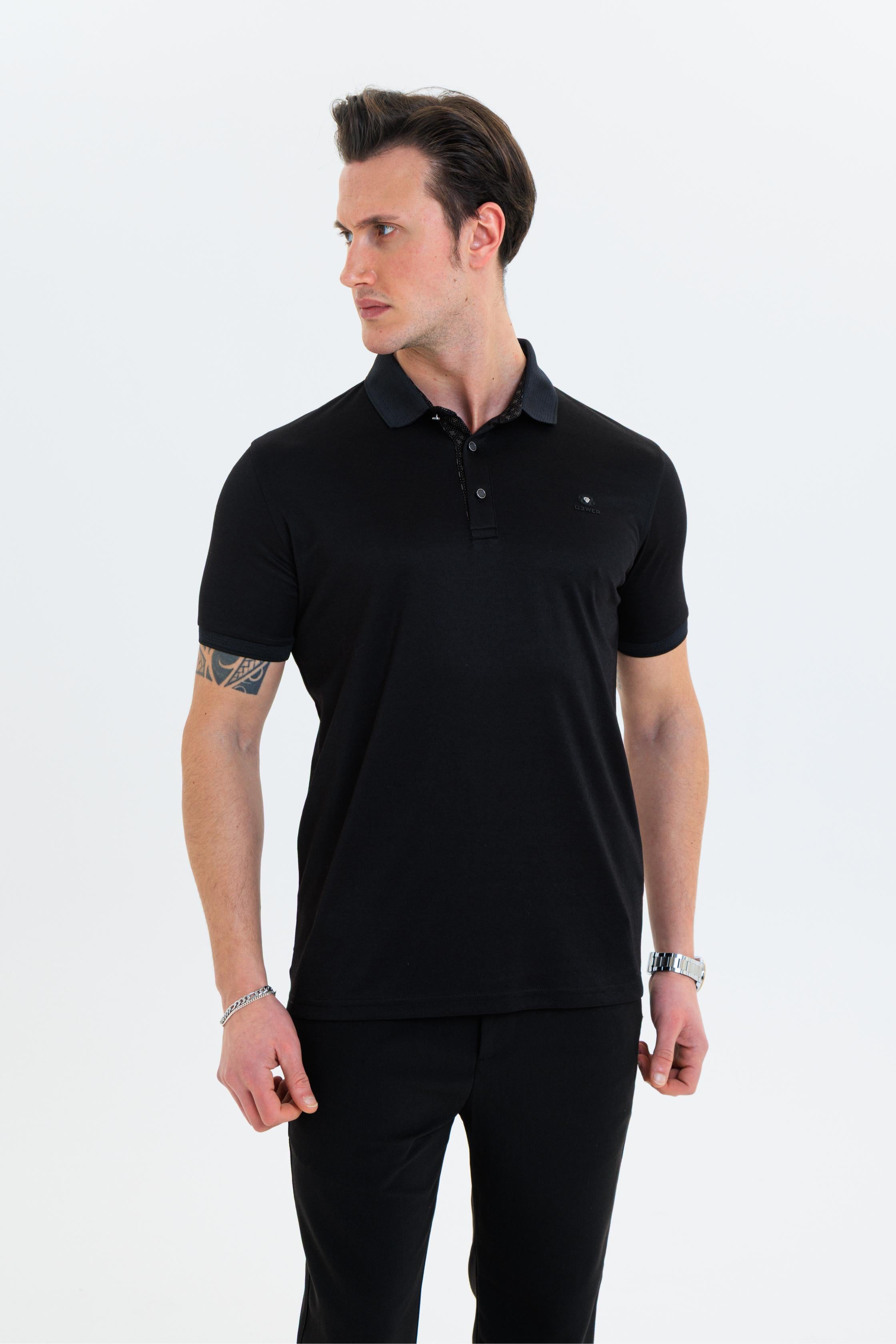 GEWER  Polo Yaka Erkek T-Shirt Siyah- Slim Fit & Merserize Dokuma