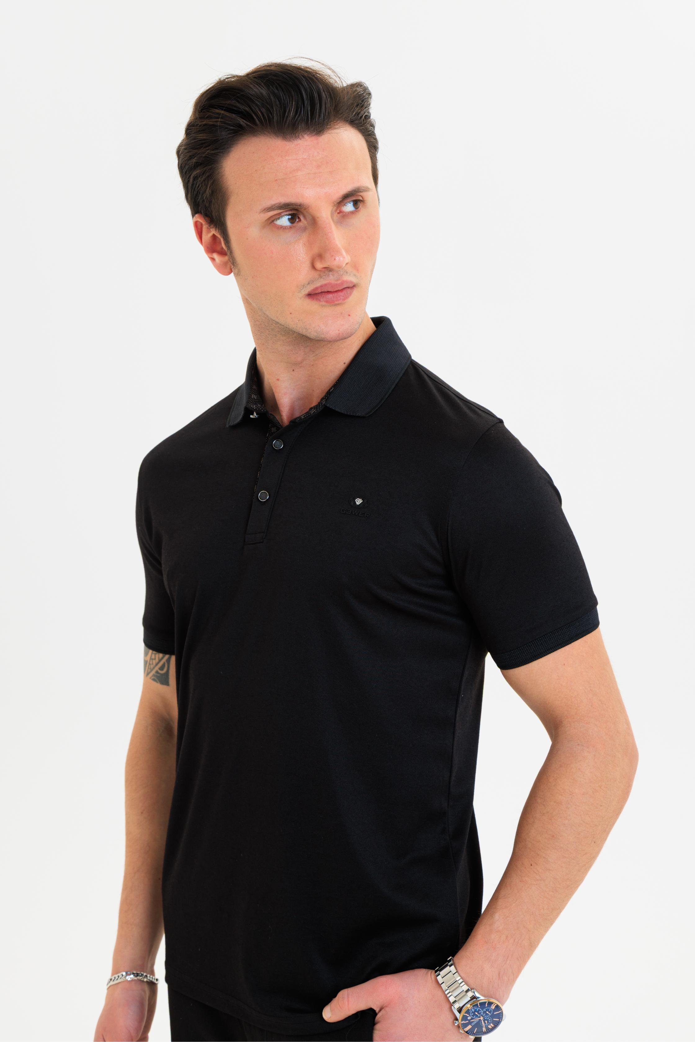 GEWER  Polo Yaka Erkek T-Shirt Siyah- Slim Fit & Merserize Dokuma